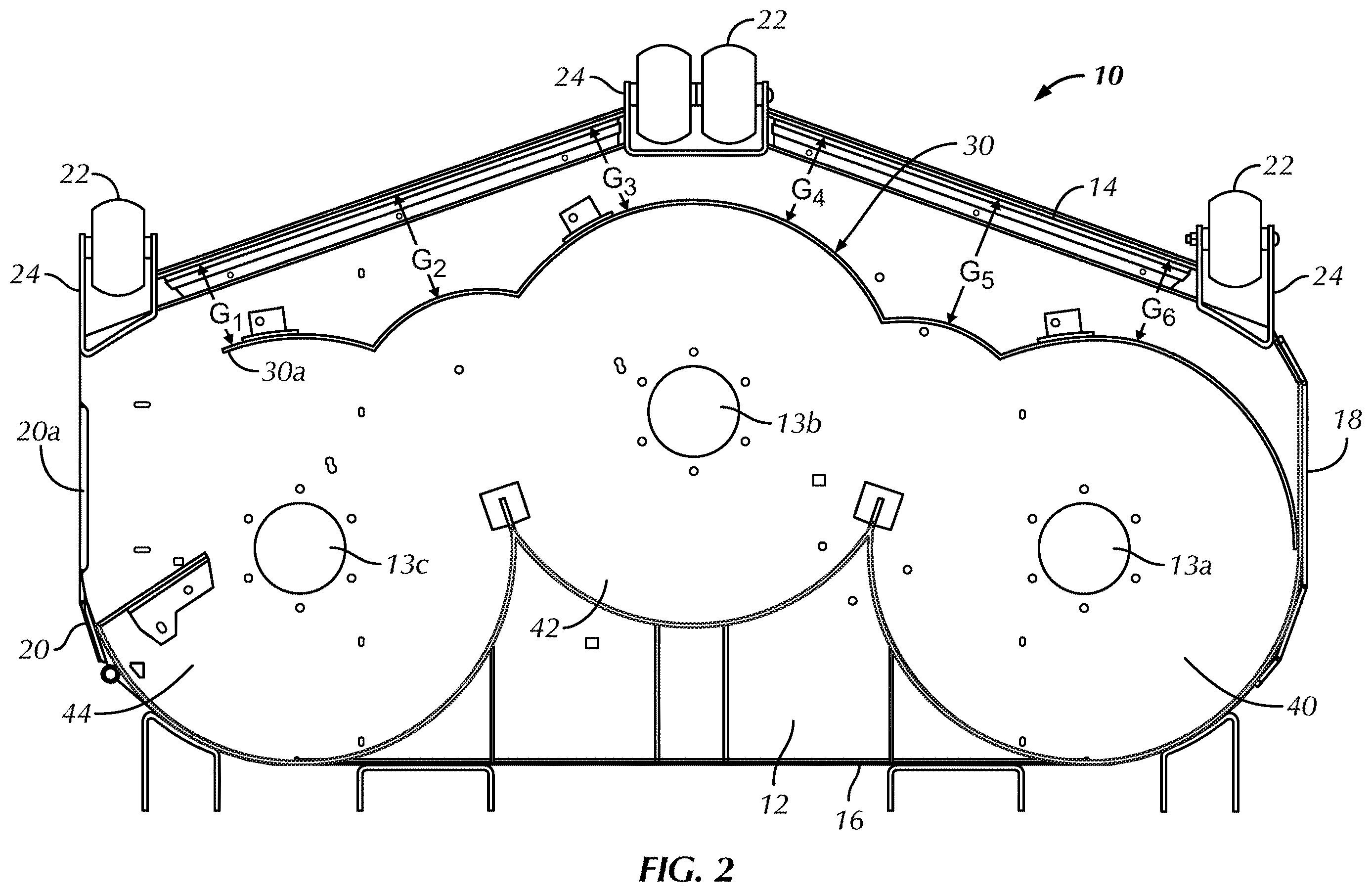 Patent US12610884 Figure 2 – Baffles for mower deck