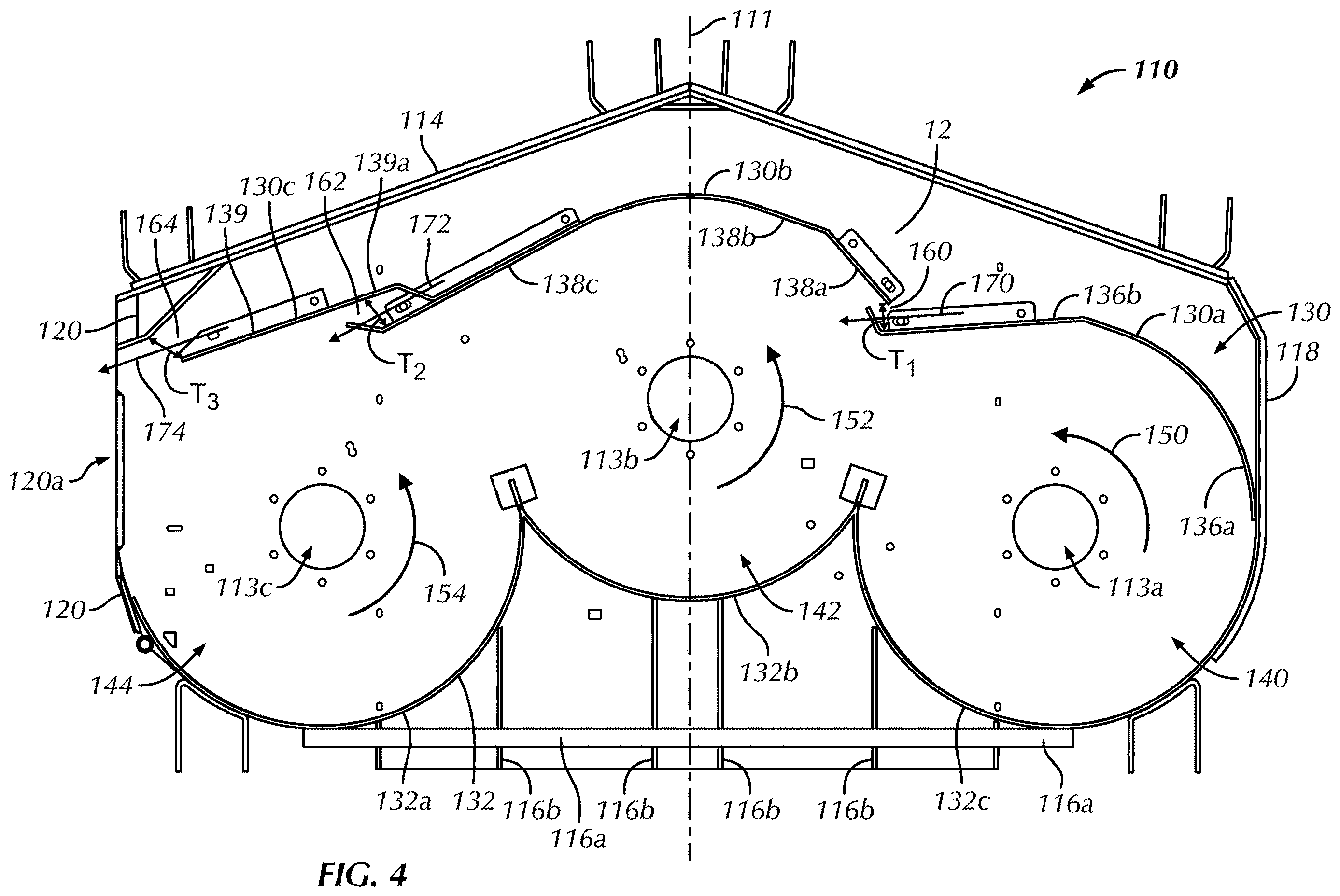 Patent US12610884 Figure 4 – Baffles for mower deck