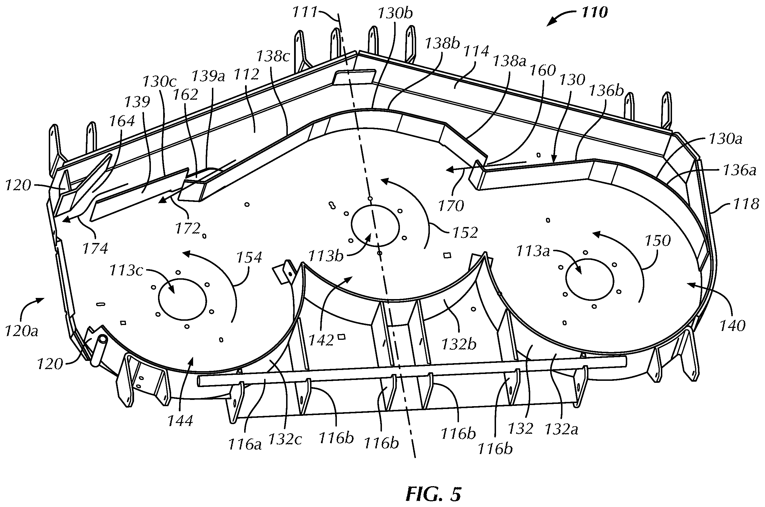 Patent US12610884 Figure 5 – Baffles for mower deck