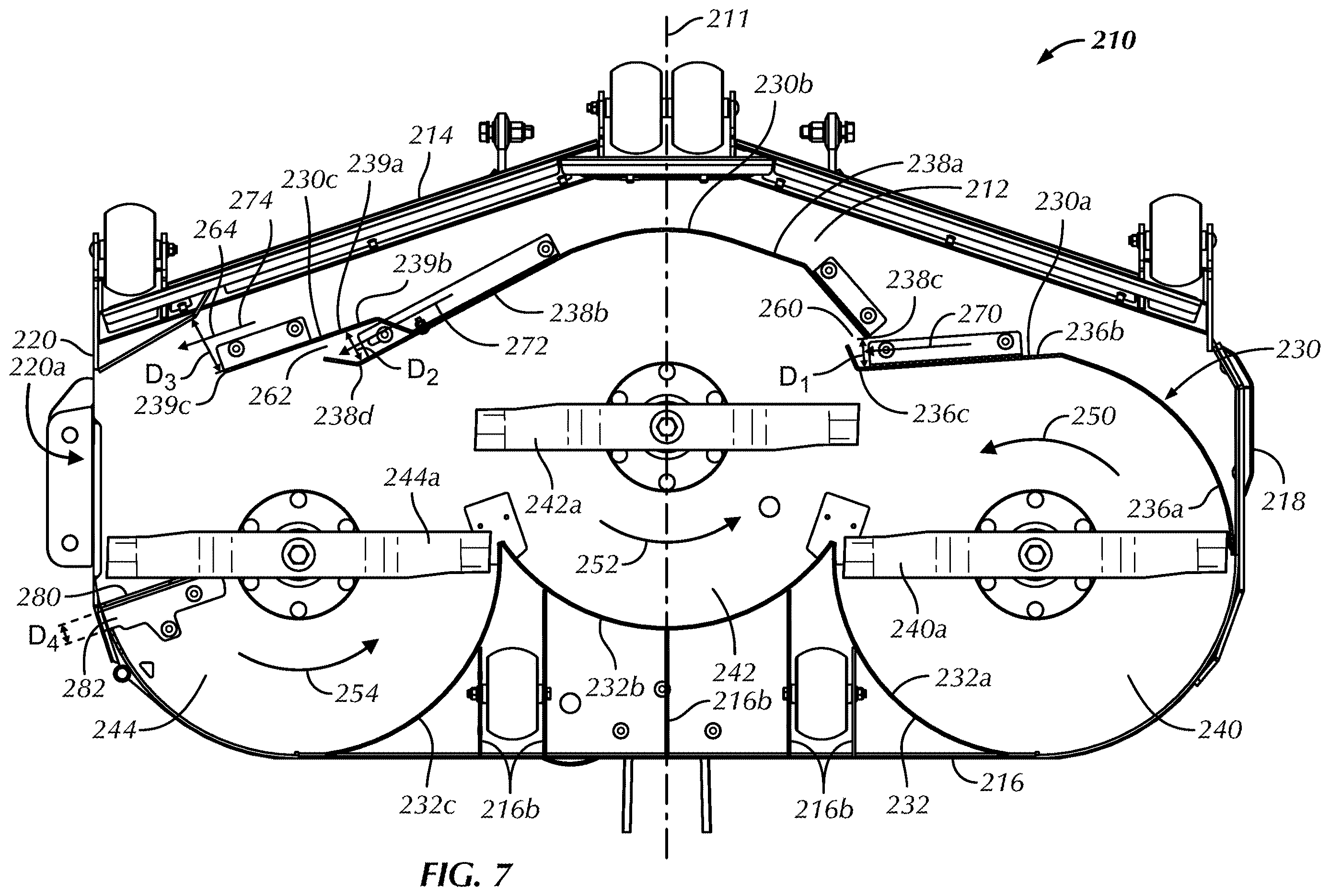 Patent US12610884 Figure 7 – Baffles for mower deck