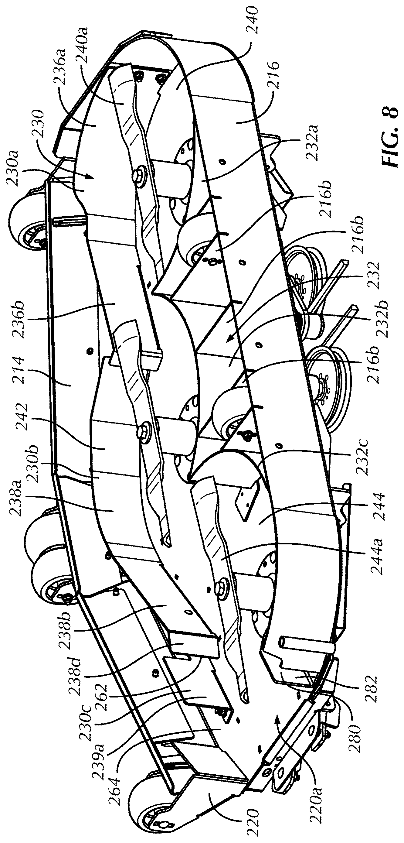Patent US12610884 Figure 8 – Baffles for mower deck