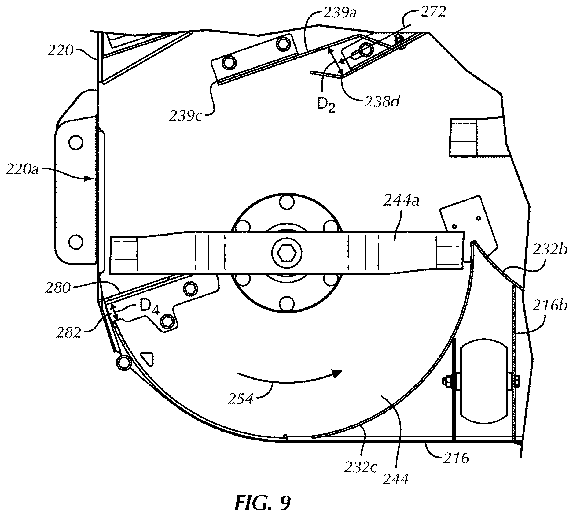Patent US12610884 Figure 9 – Baffles for mower deck