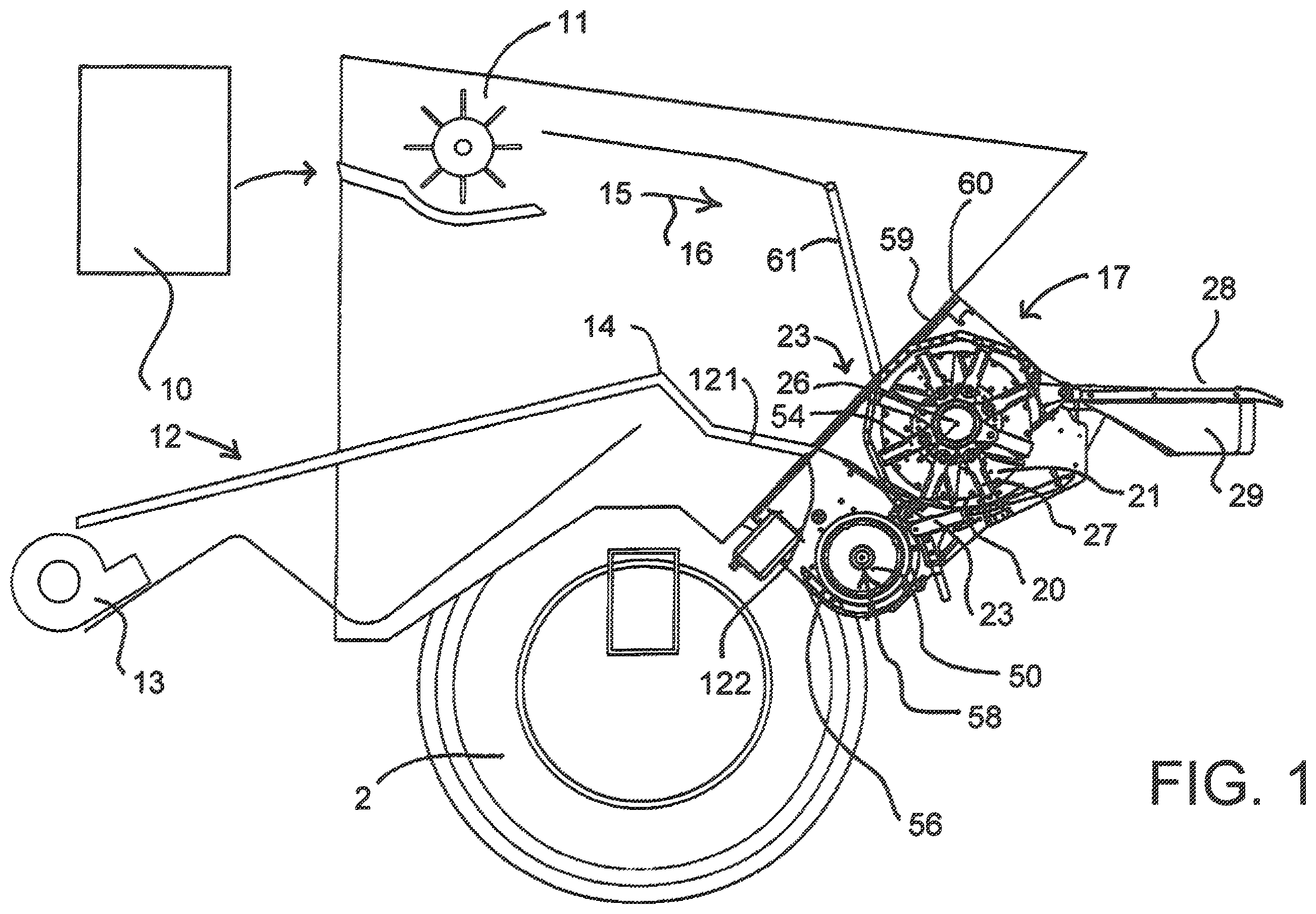 Patent US12610886 Figure 1 – Weed seed destruction on a combine harvester including transferring grain from the grain loss sensor to the destructor