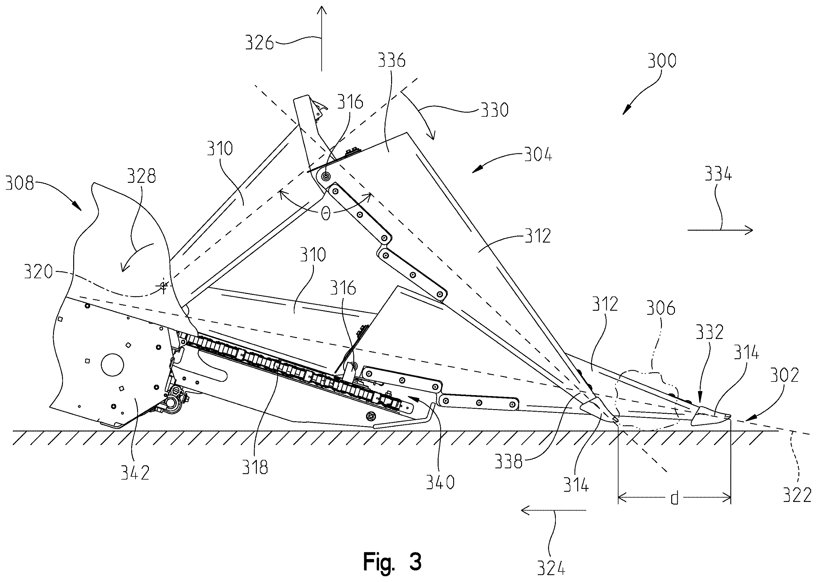 Patent US12610888 Figure 3 – Retractable crop divider of an agricultural header