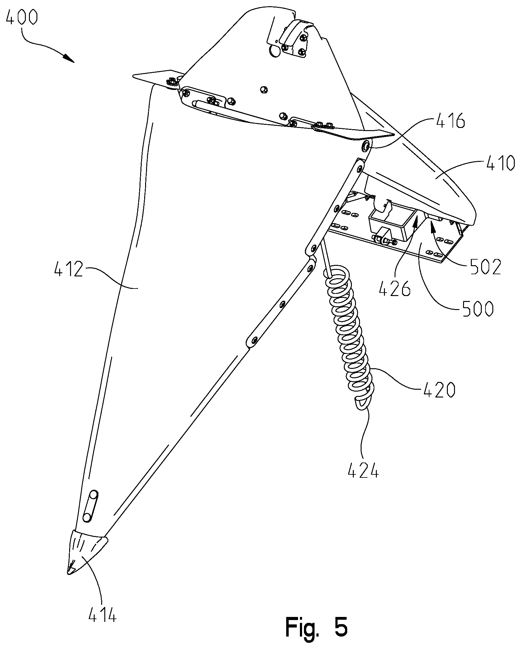 Patent US12610888 Figure 5 – Retractable crop divider of an agricultural header