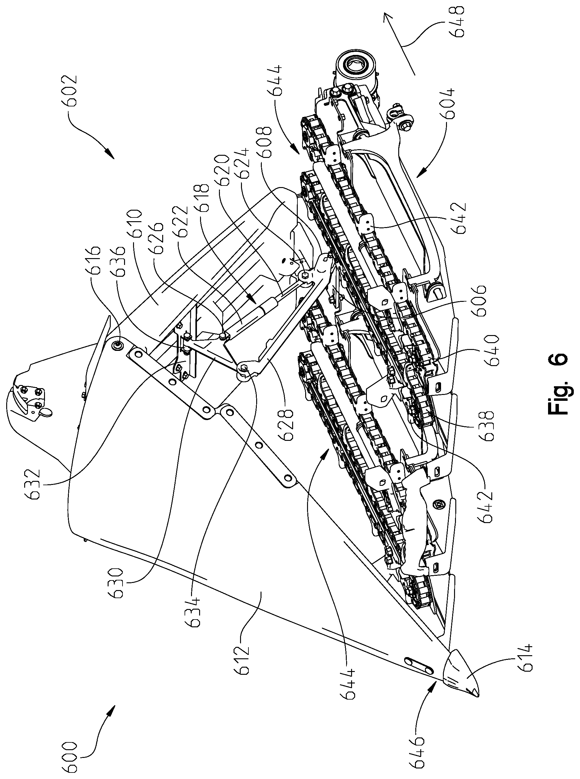 Patent US12610888 Figure 6 – Retractable crop divider of an agricultural header