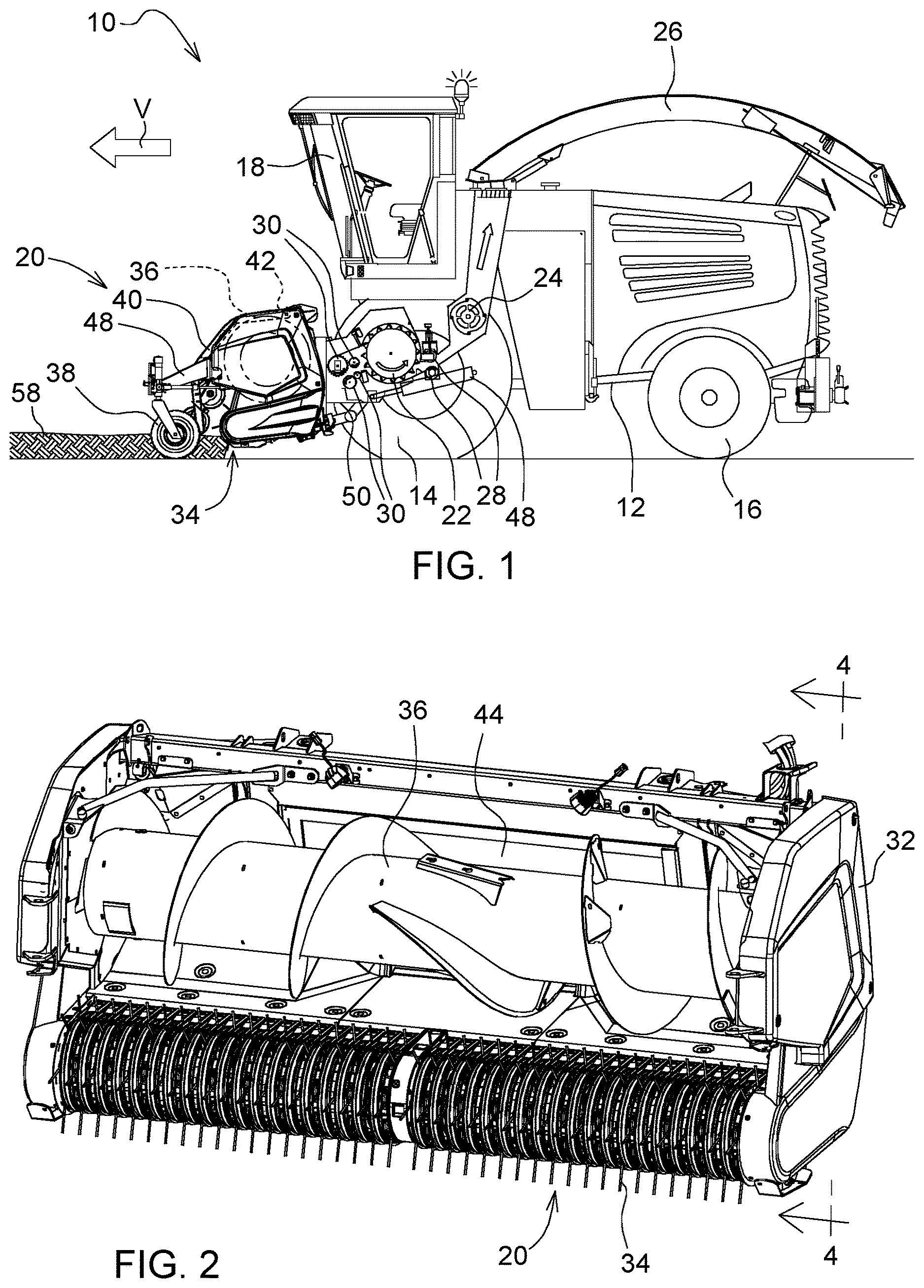 Patent US12610889 Figure 1 – Harvesting attachment with height-adjustable cross-feeding auger