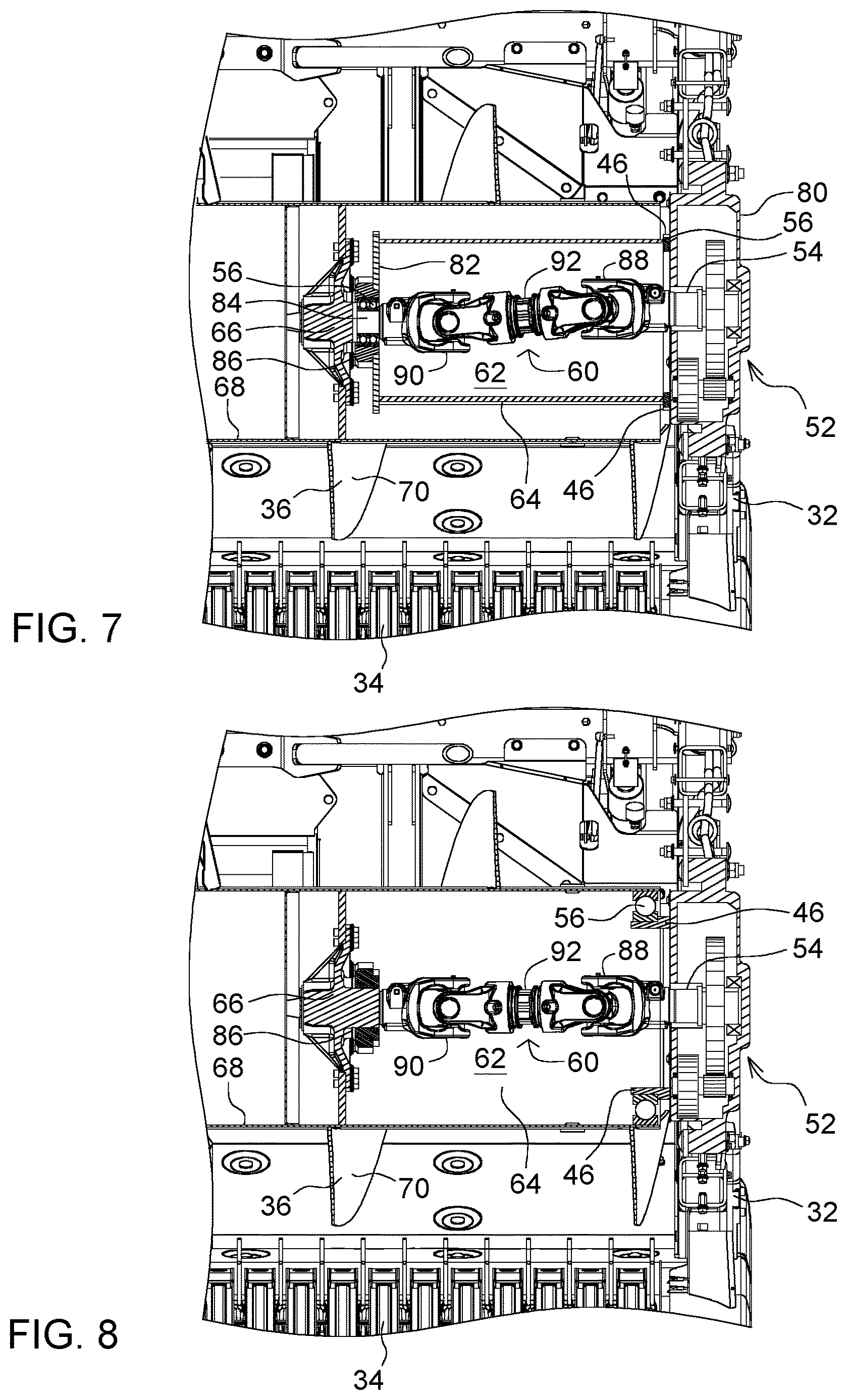 Patent US12610889 Figure 4 – Harvesting attachment with height-adjustable cross-feeding auger