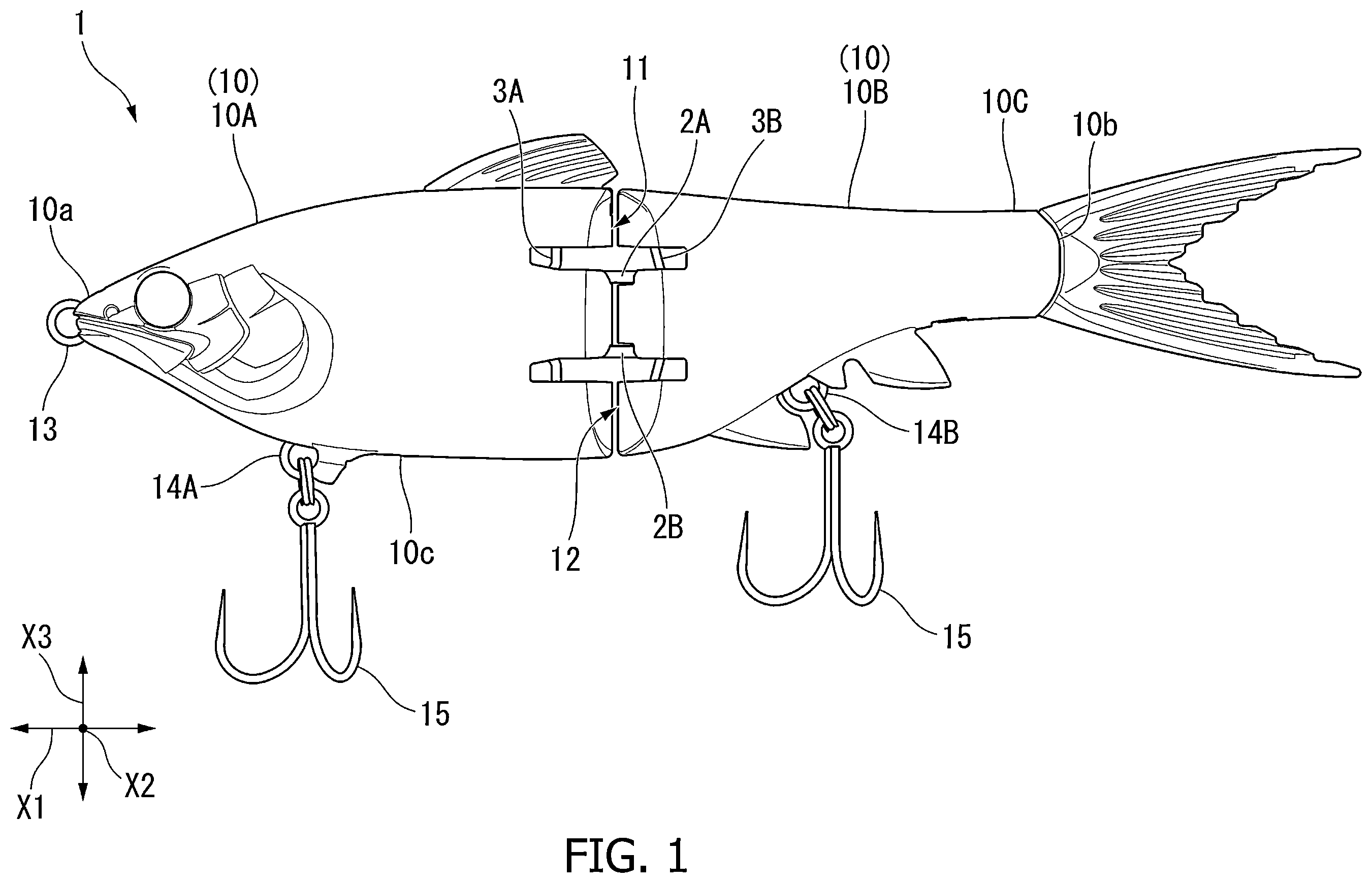 Patent US12610927 — Lure with lateral and front-rear guiding movement — Figure 1