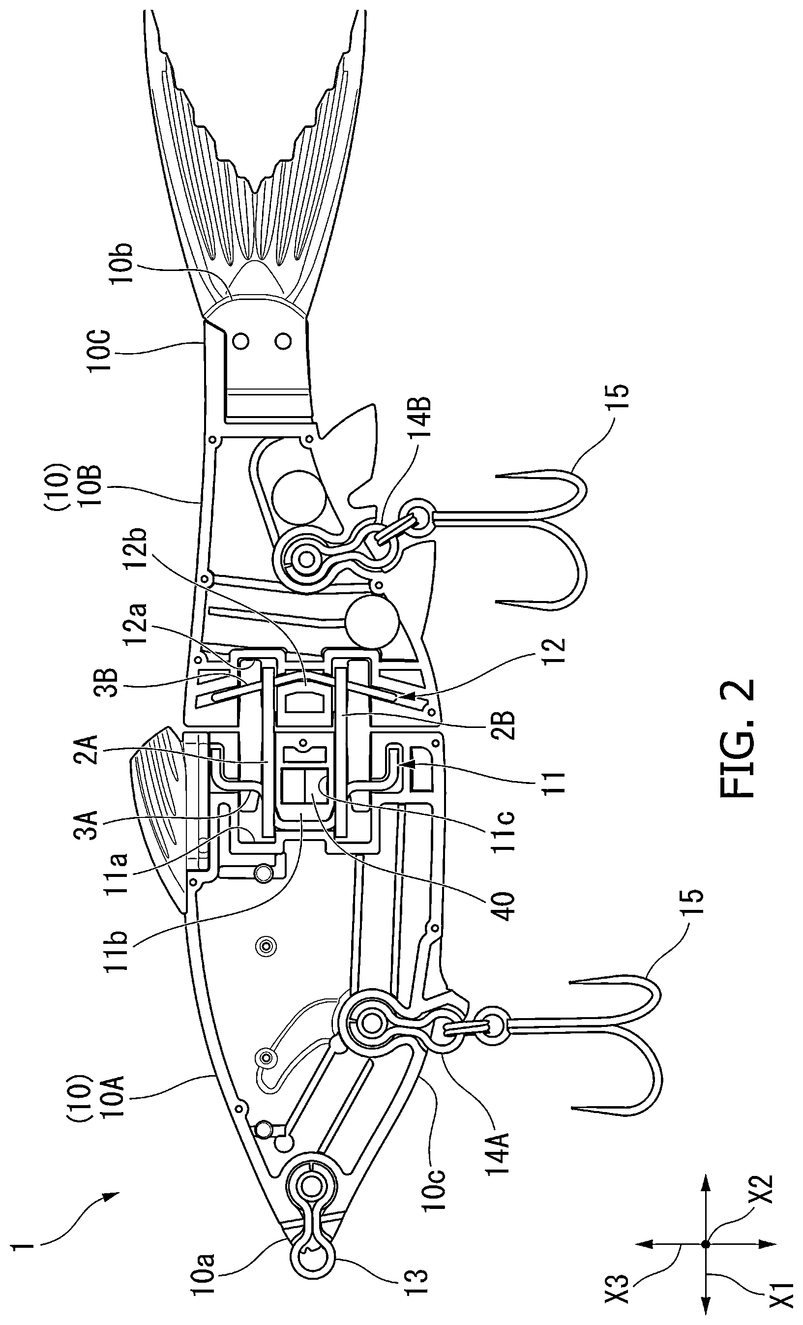 Patent US12610927 Figure 2 – Lure with lateral and front-rear guiding movement