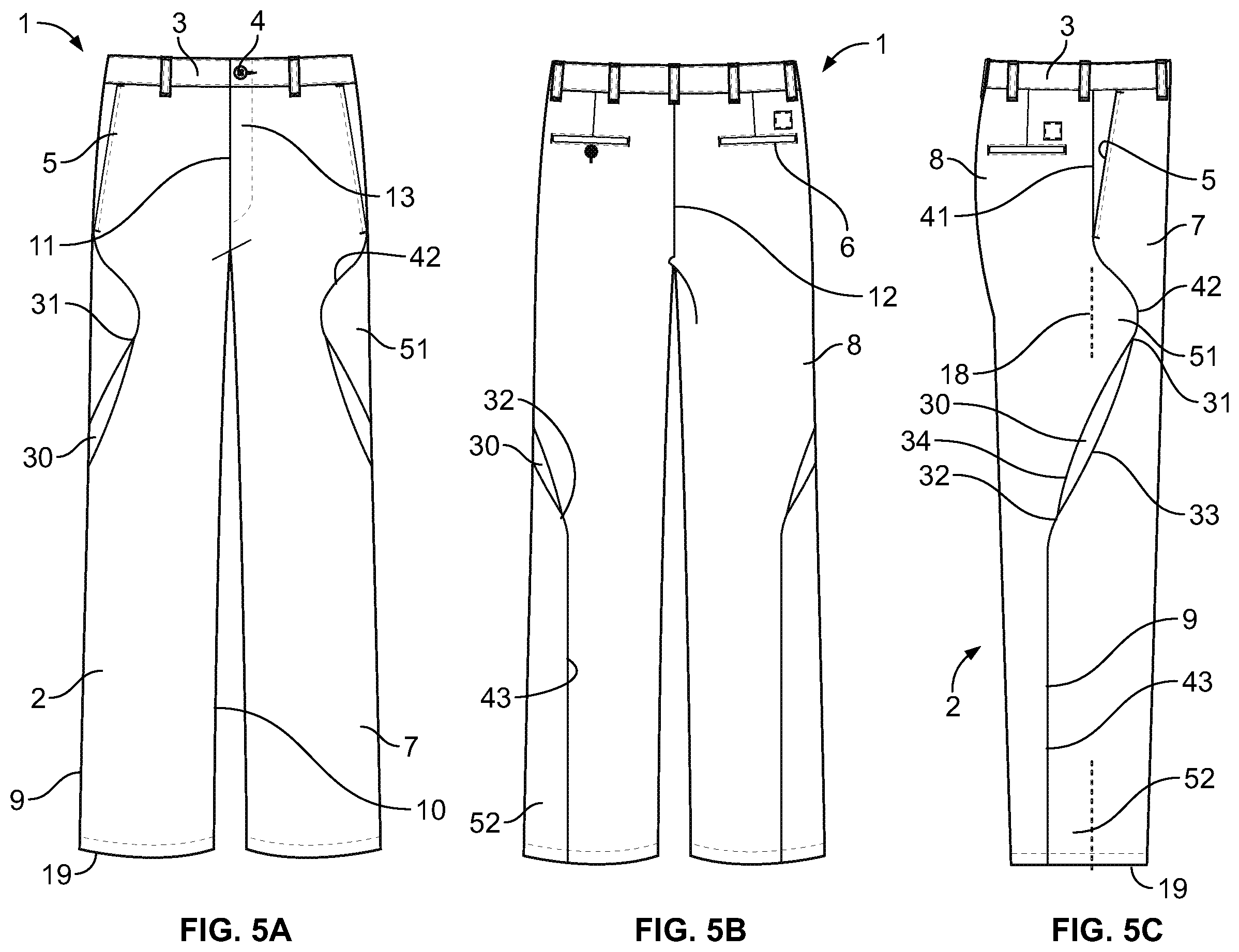 Patent US12610992 Figure 5 – Pants configured for enhancing worker mobility