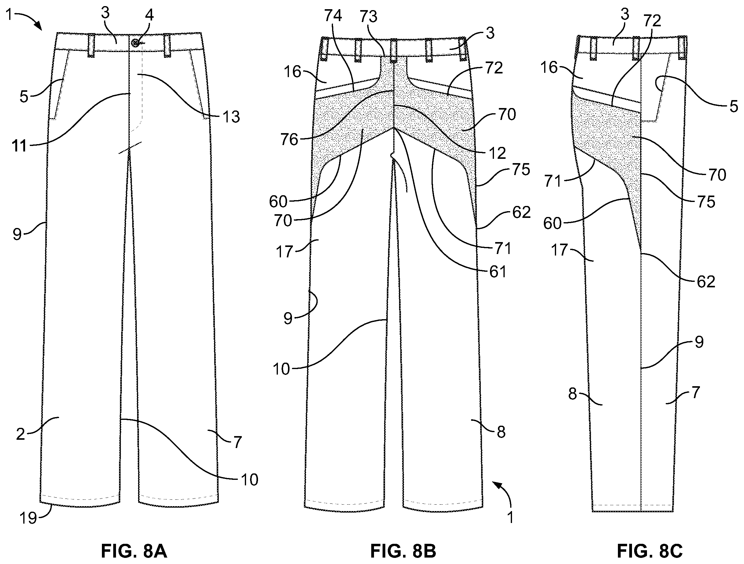 Patent US12610992 Figure 8 – Pants configured for enhancing worker mobility