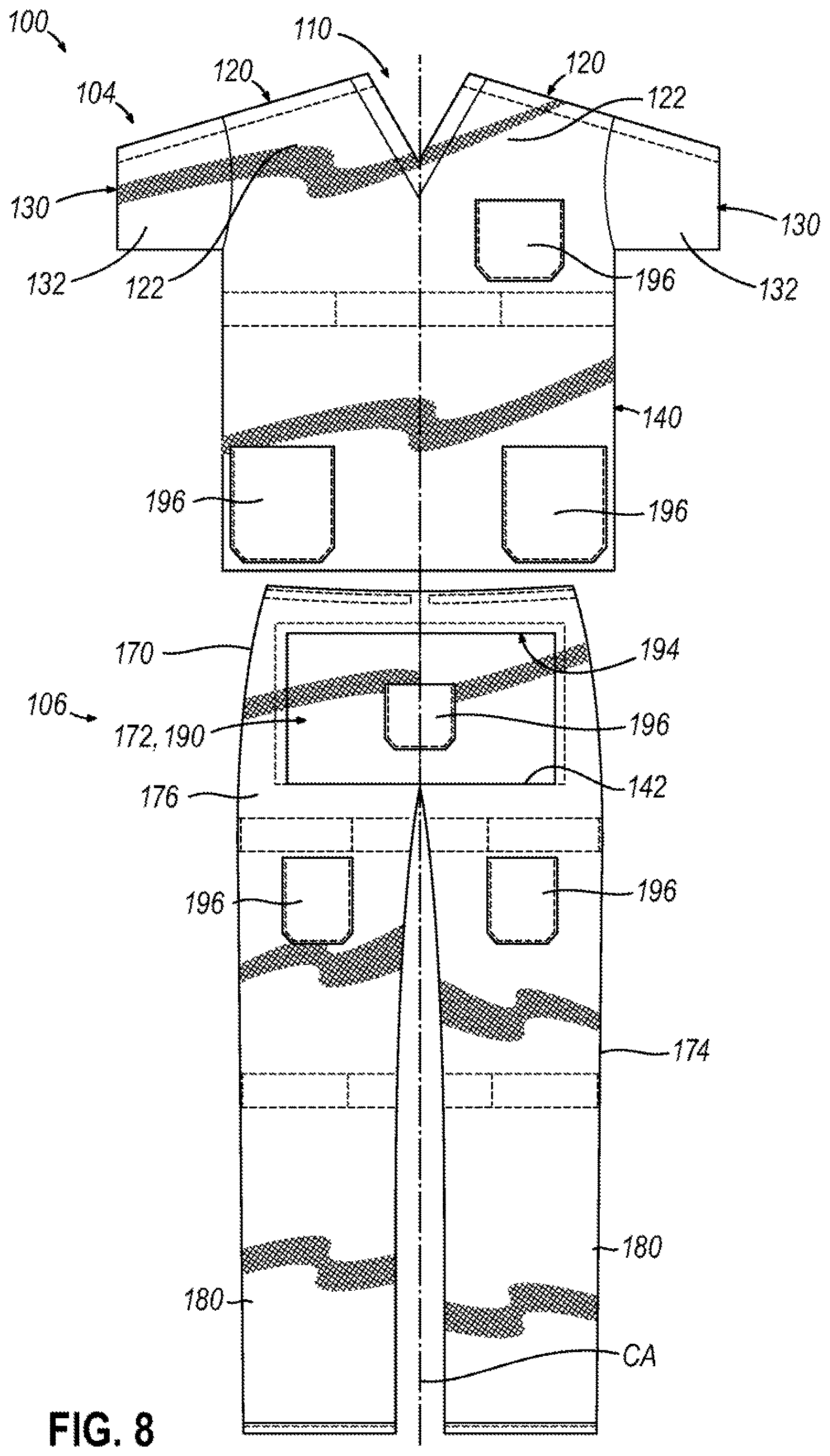 Patent US12610993 Figure 8 – Patient clothing system with integrated lifting features