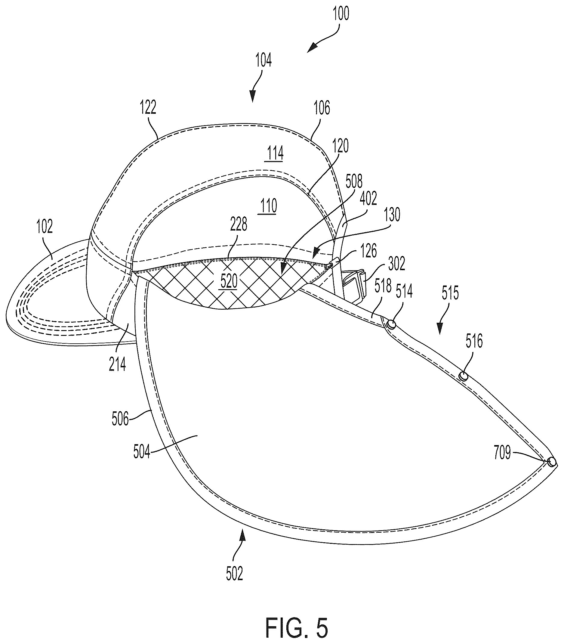 Patent US12610999 Figure 5 – Headwear with two-part deployable cape