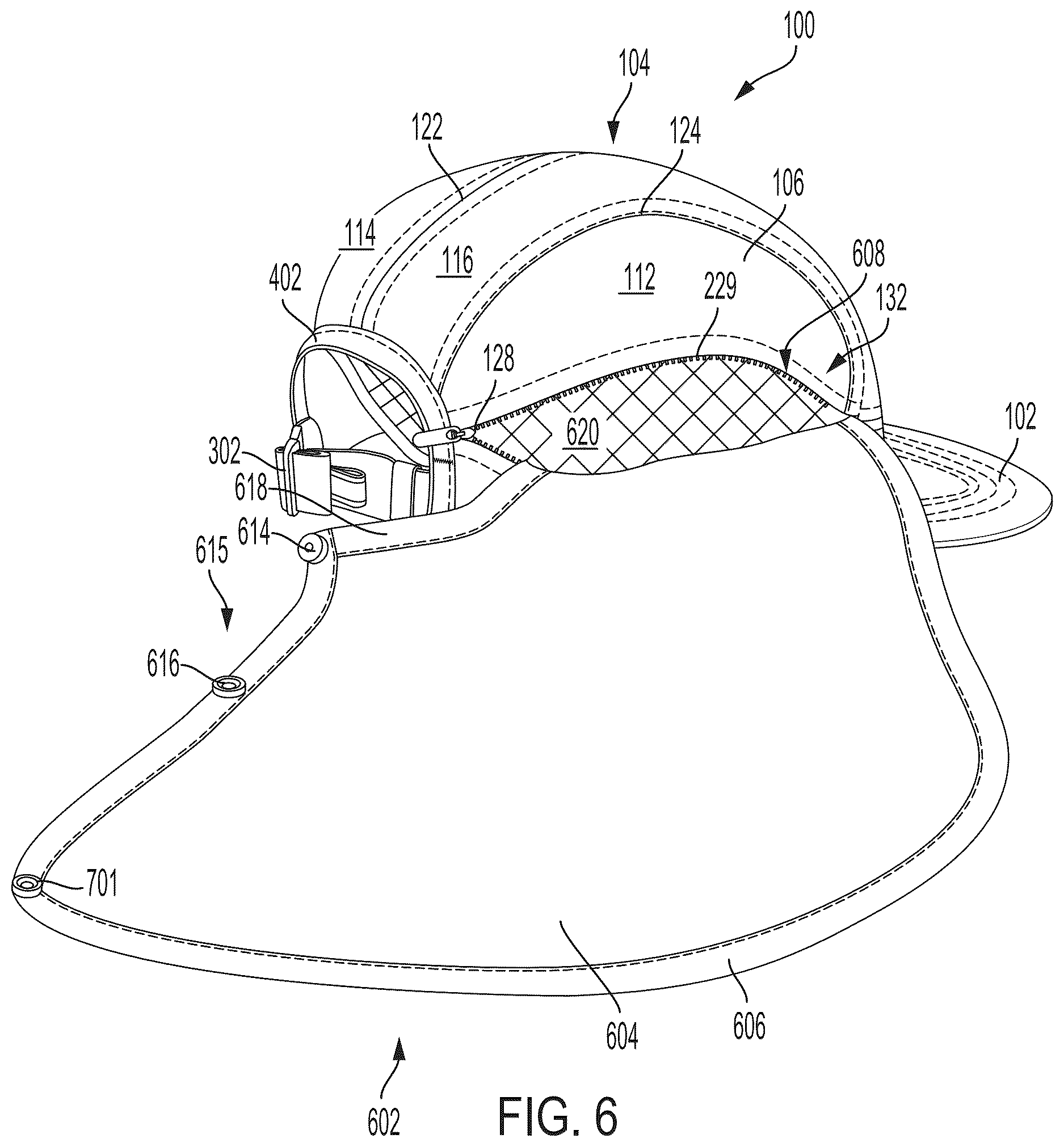 Patent US12610999 Figure 6 – Headwear with two-part deployable cape