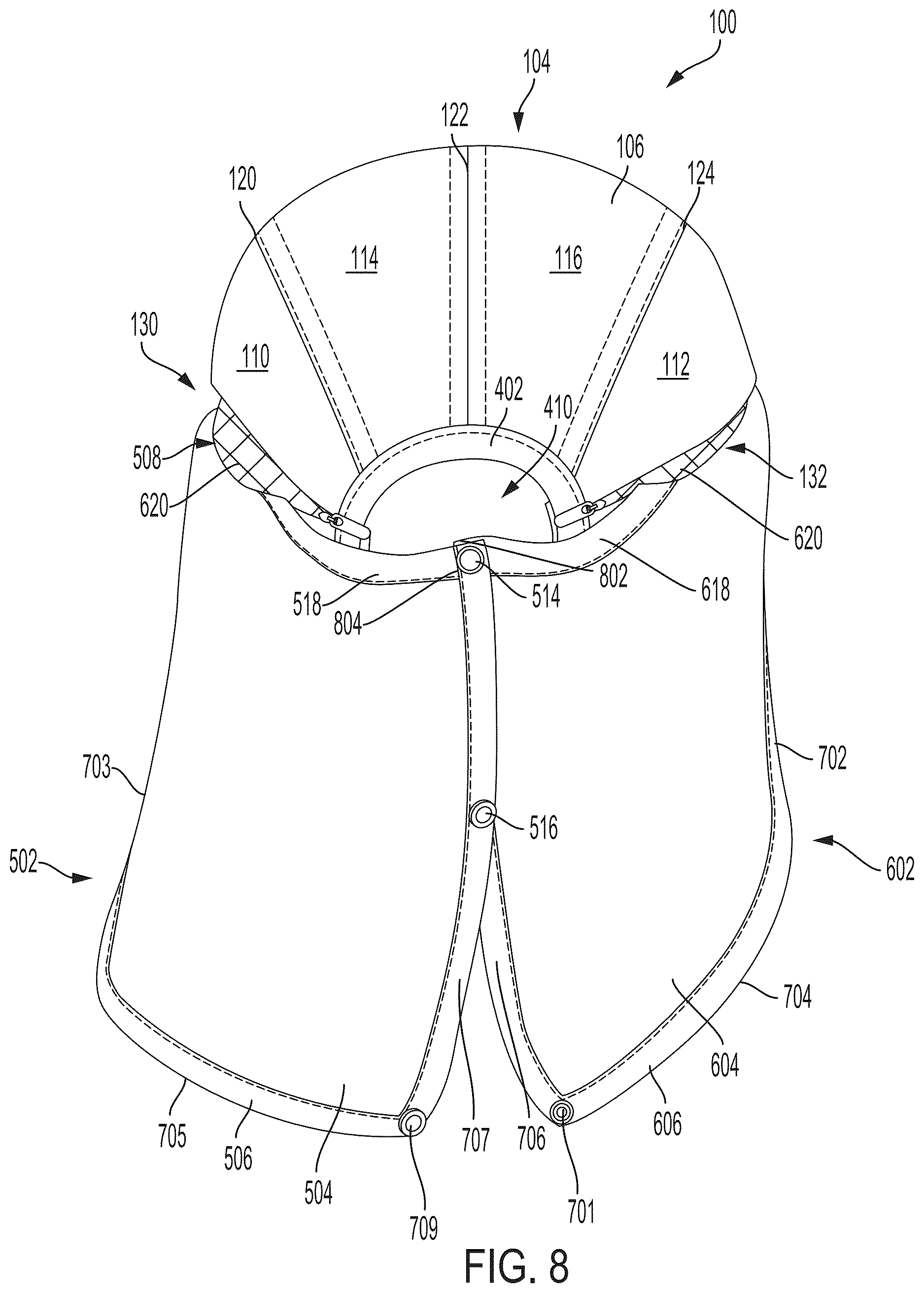 Patent US12610999 Figure 8 – Headwear with two-part deployable cape