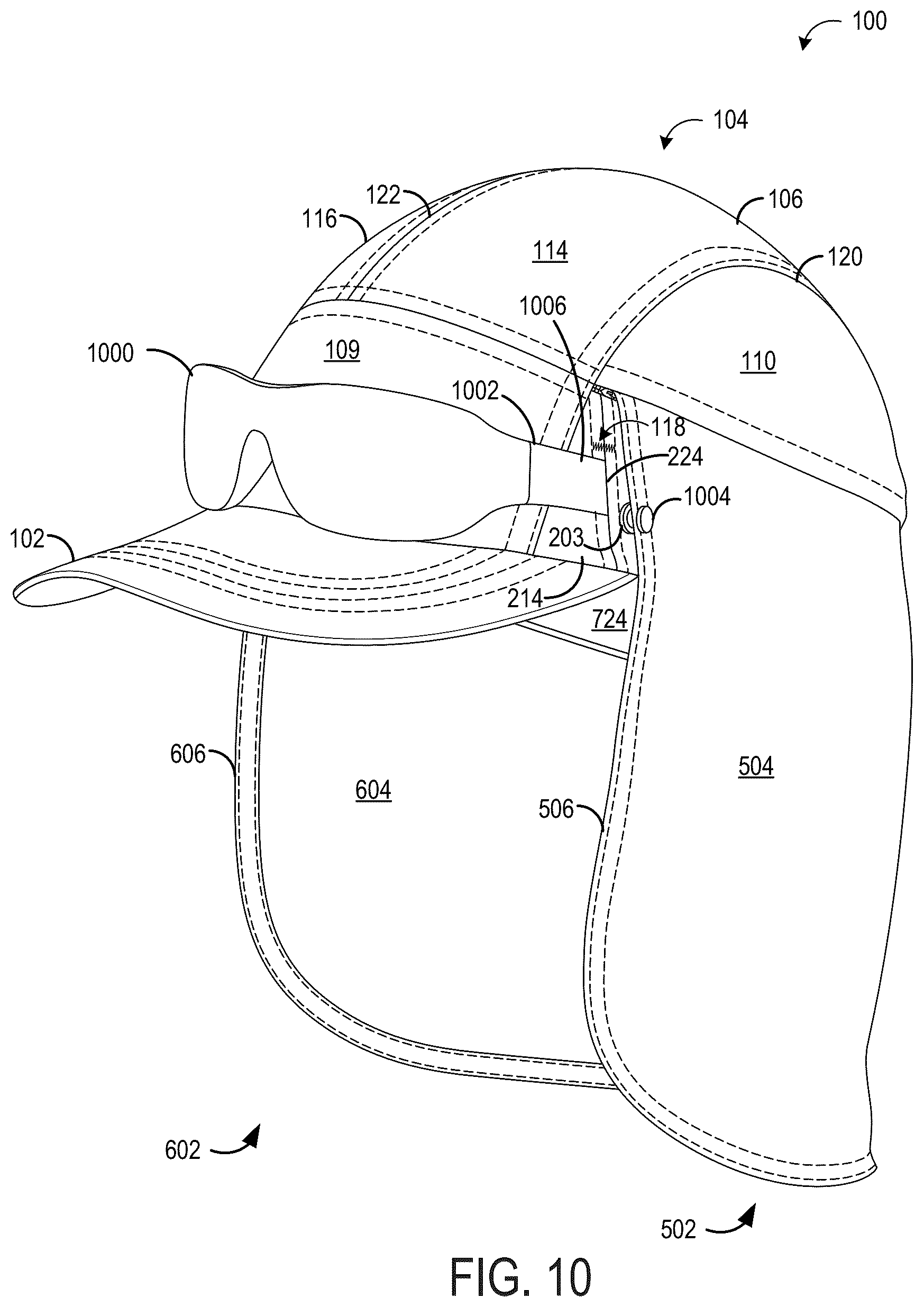 Patent US12610999 Figure 10 – Headwear with two-part deployable cape