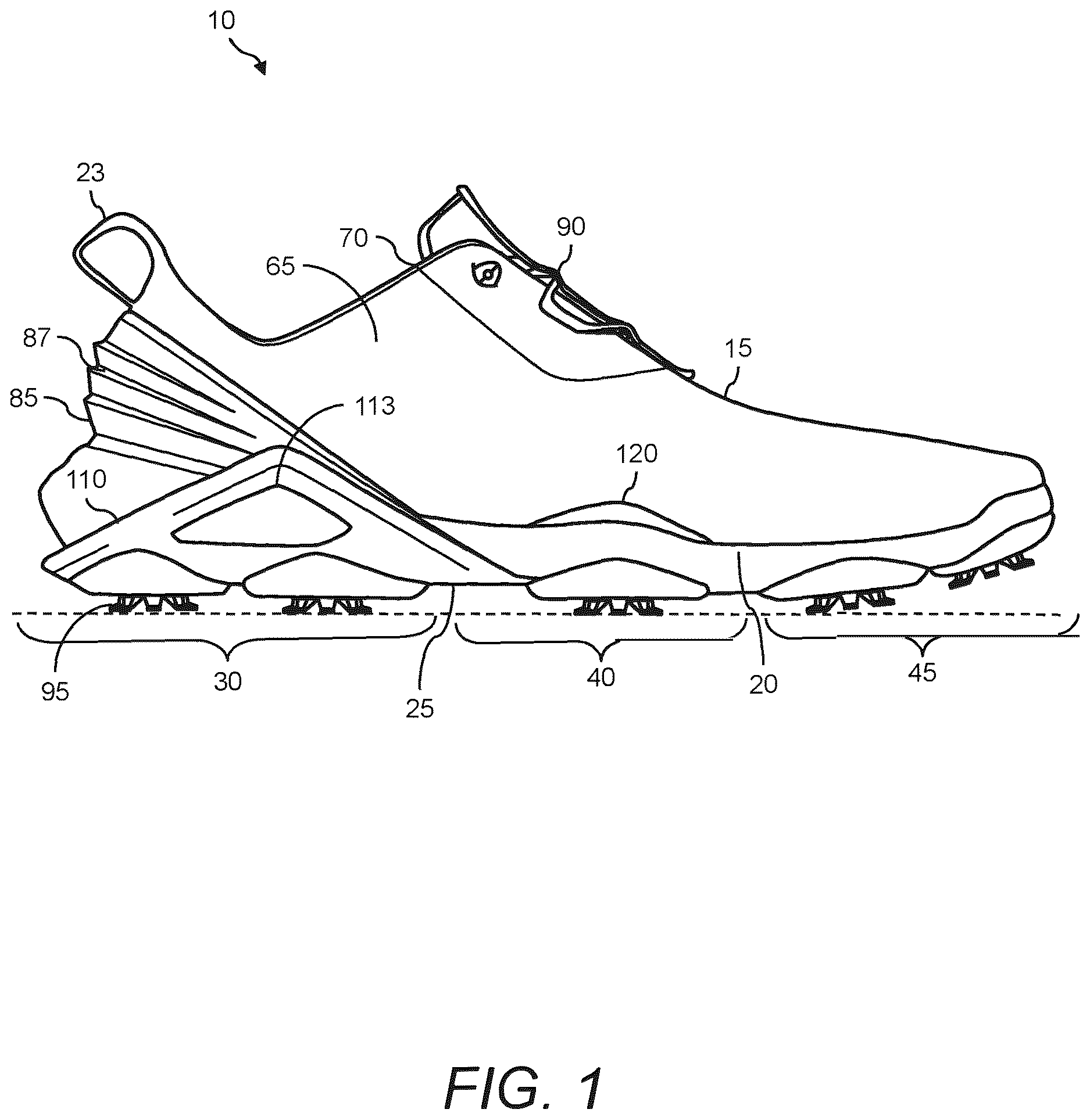 Patent US12611004 Figure 1 – Article of footwear with midsole having varying hardness
