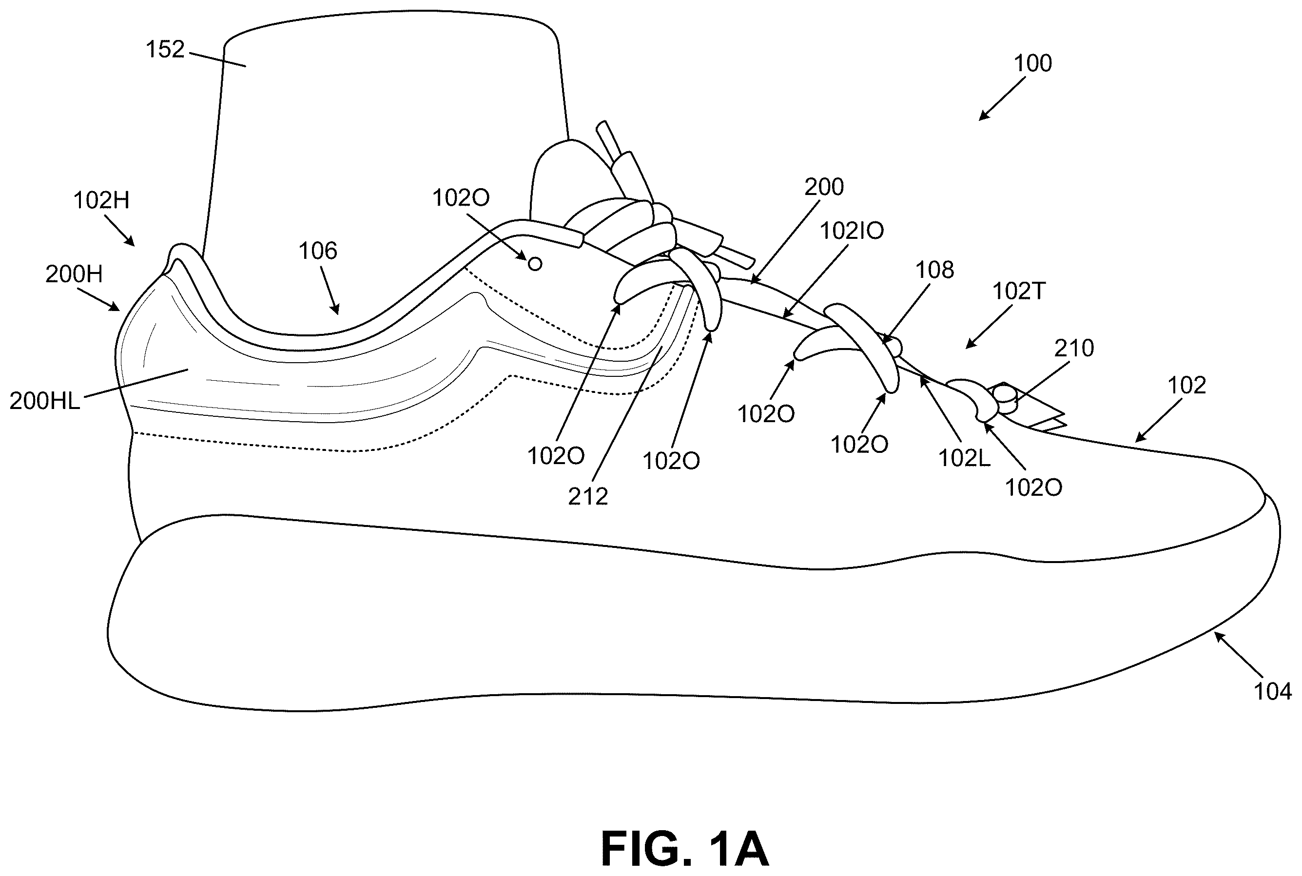Patent US12611009 Figure 1 – Bladders, footwear uppers including bladders, and articles of footwear including bladders in the upper