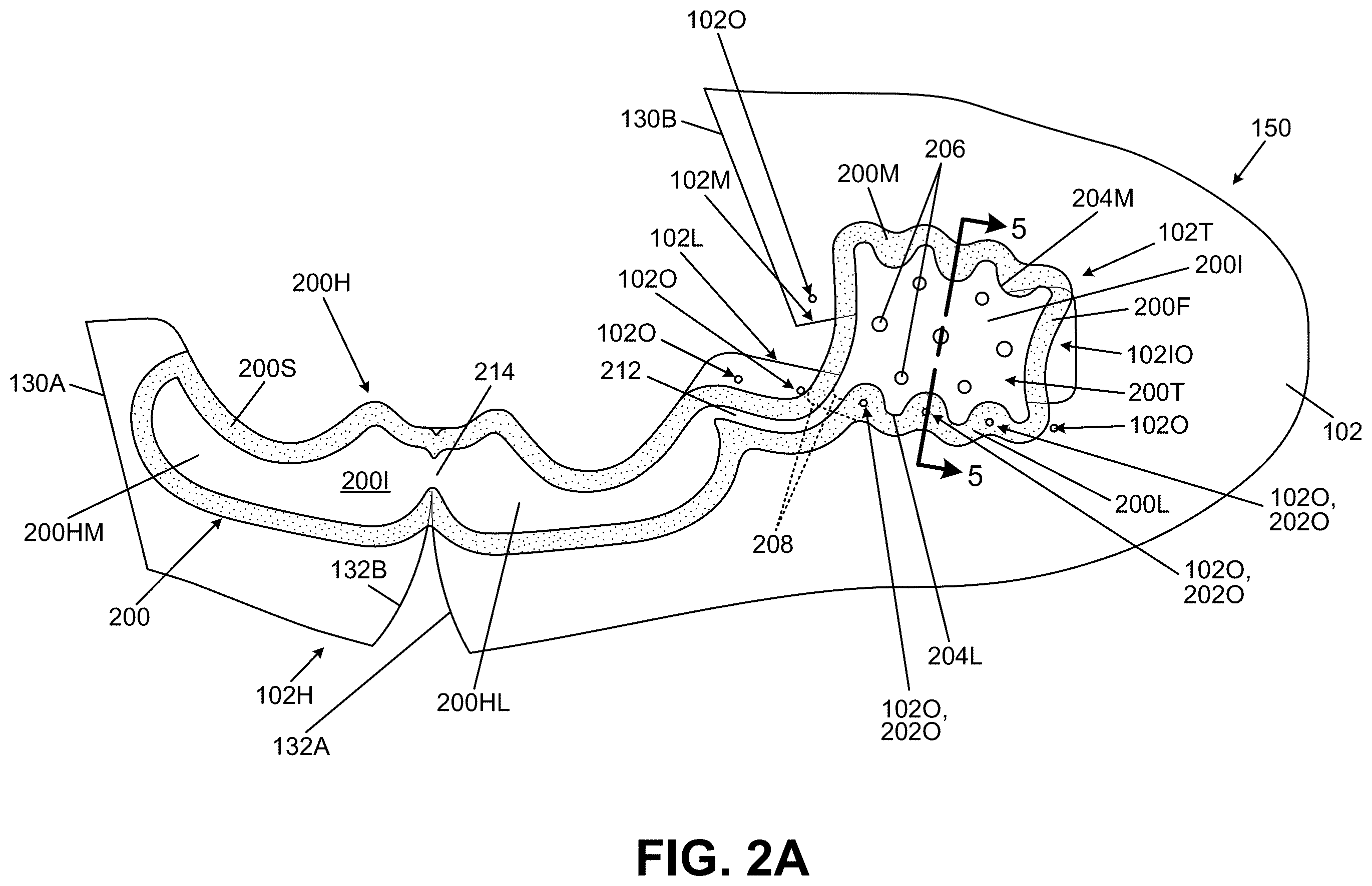 Patent US12611009 Figure 4 – Bladders, footwear uppers including bladders, and articles of footwear including bladders in the upper