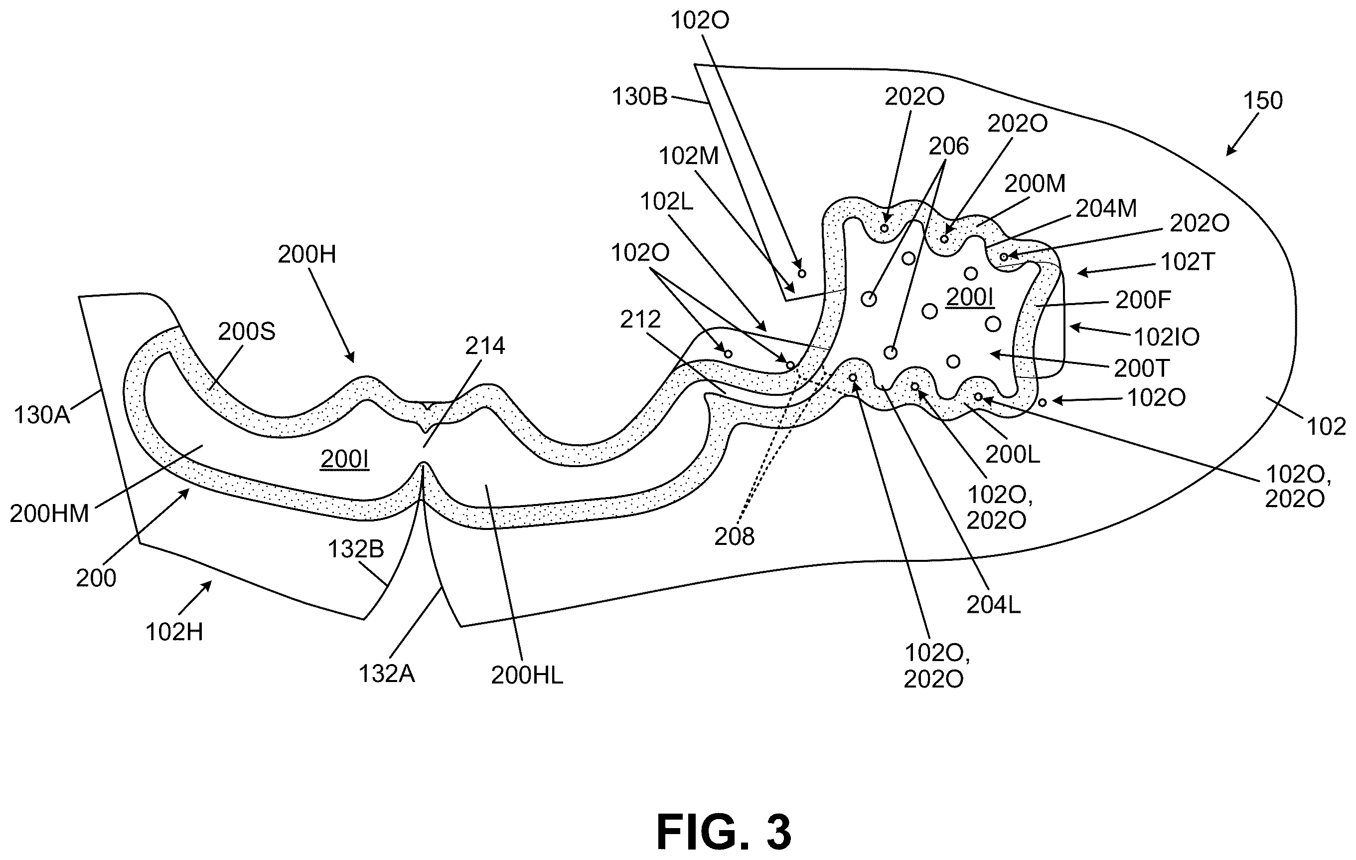 Patent US12611009 Figure 6 – Bladders, footwear uppers including bladders, and articles of footwear including bladders in the upper