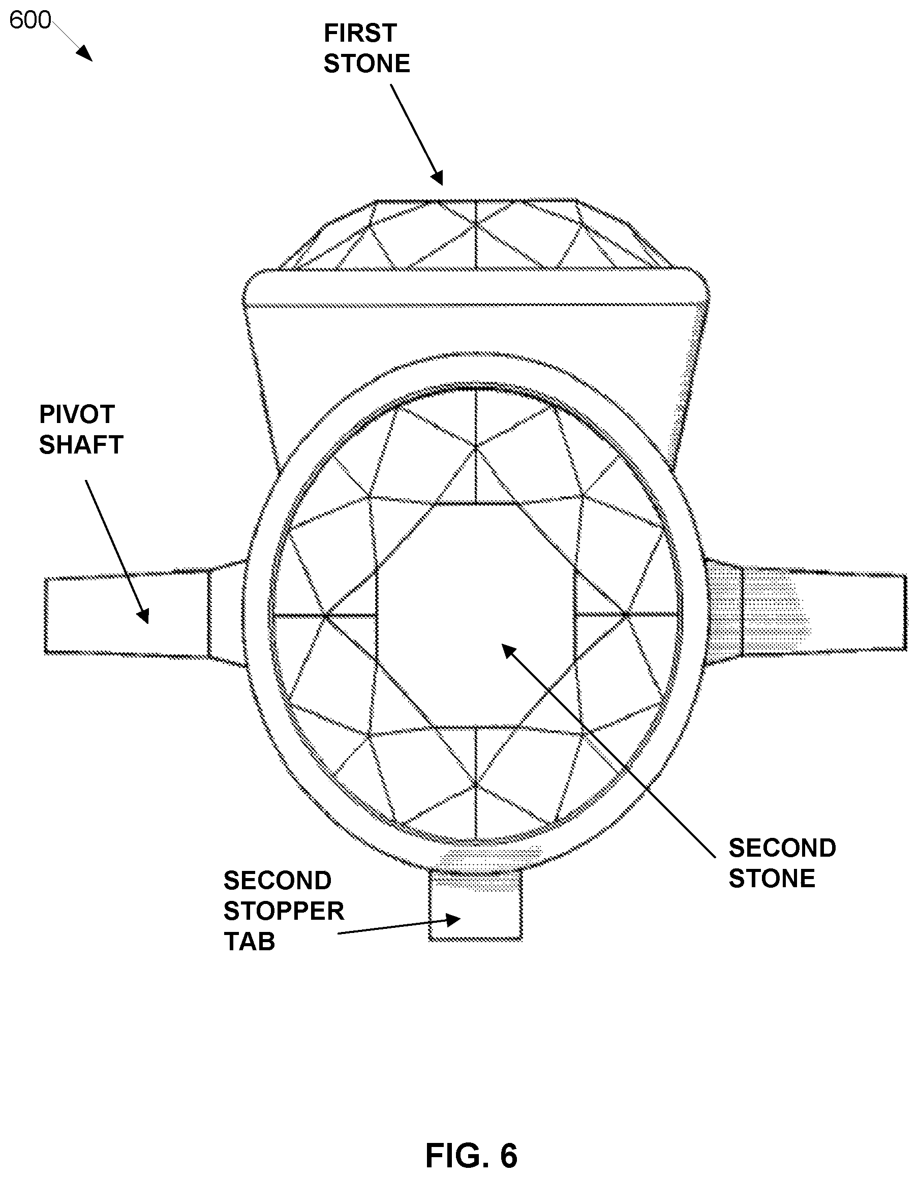 Patent US12611012 Figure 6 – Multi-stone jewelry setting with internal pivot mechanism