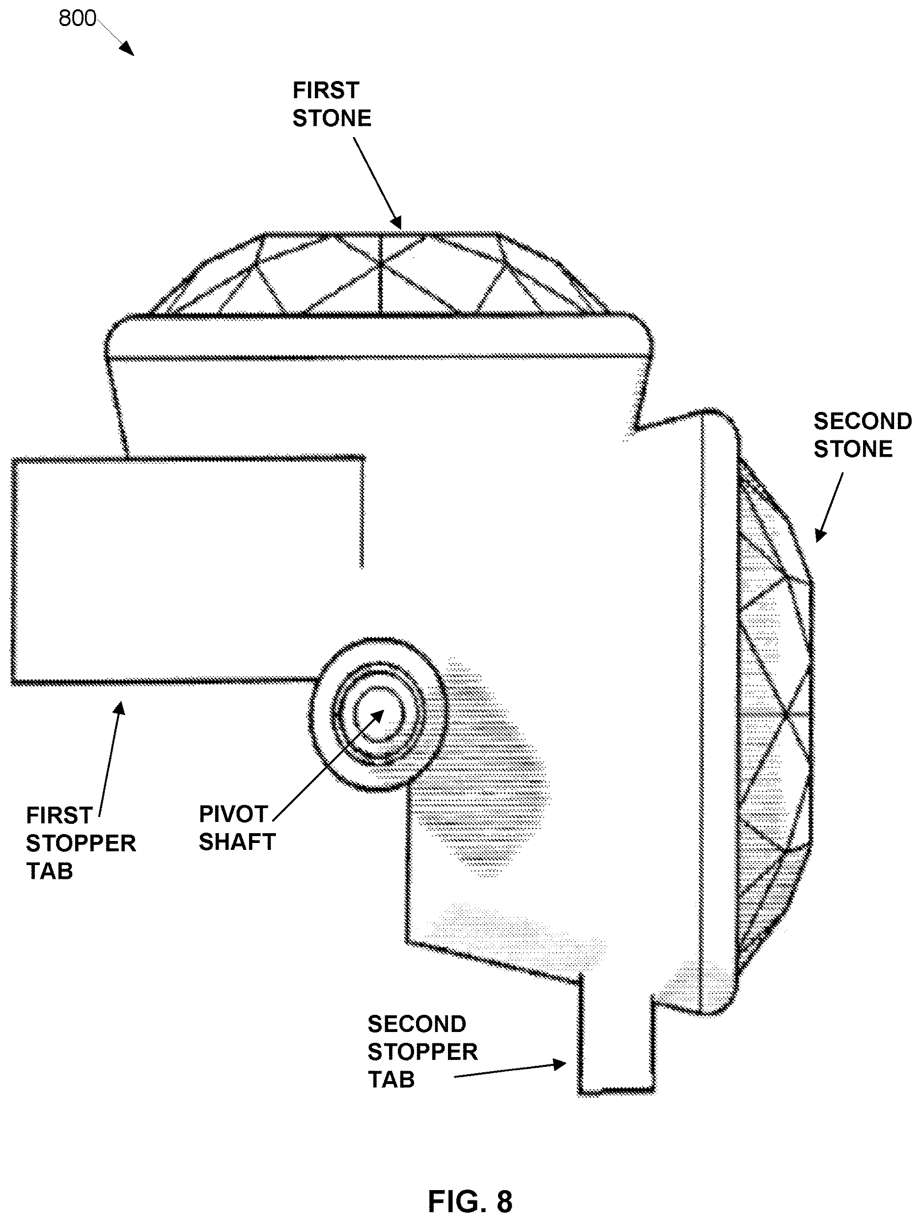 Patent US12611012 Figure 8 – Multi-stone jewelry setting with internal pivot mechanism