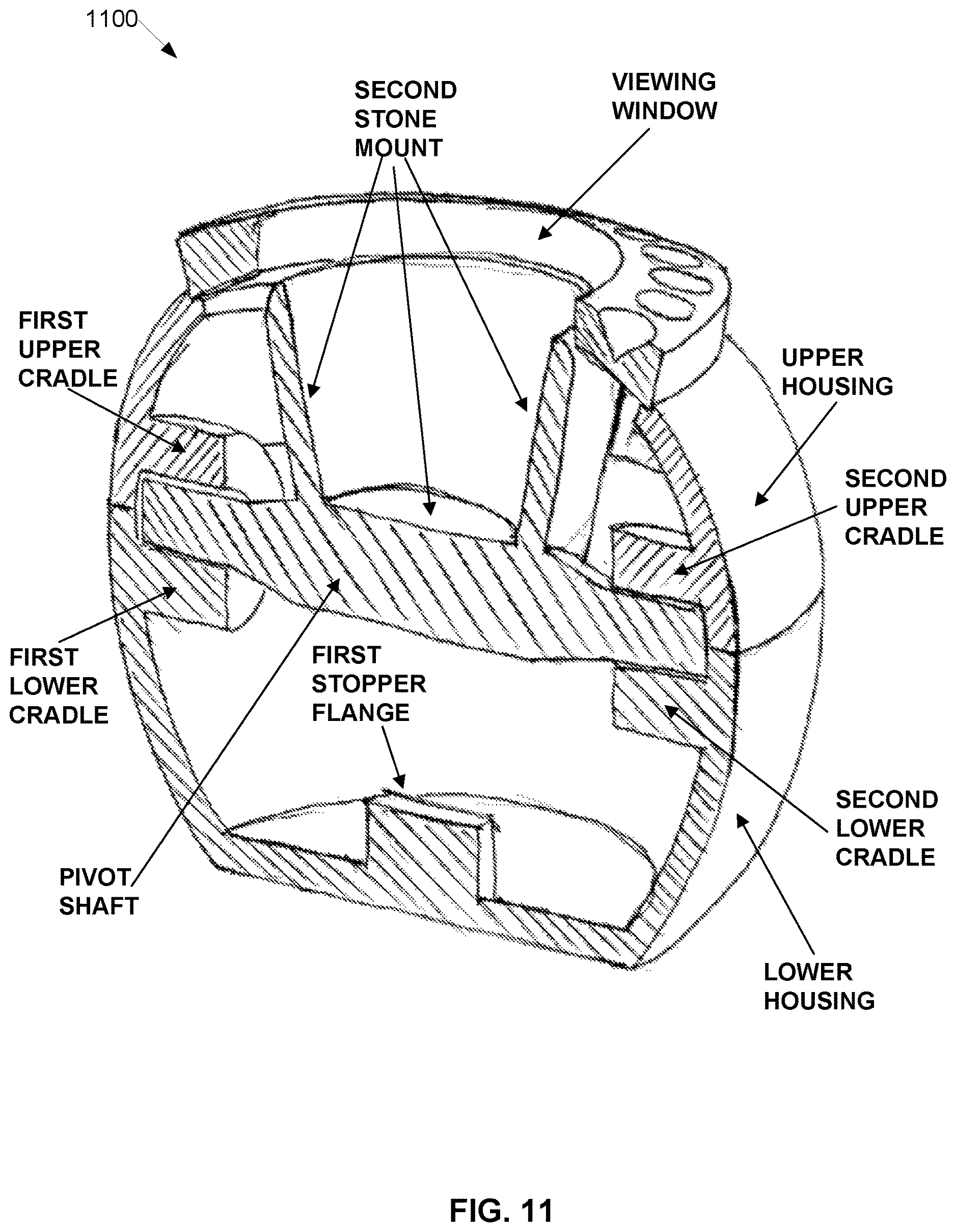 Patent US12611012 Figure 11 – Multi-stone jewelry setting with internal pivot mechanism