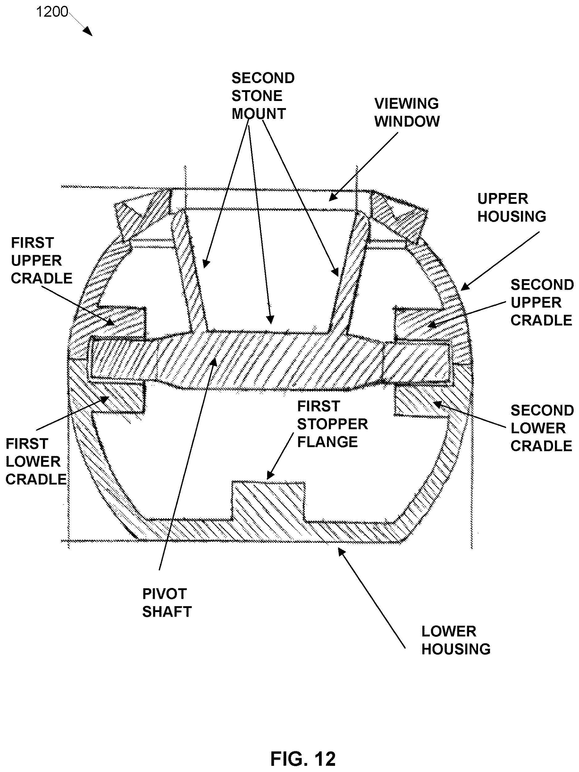 Patent US12611012 Figure 12 – Multi-stone jewelry setting with internal pivot mechanism