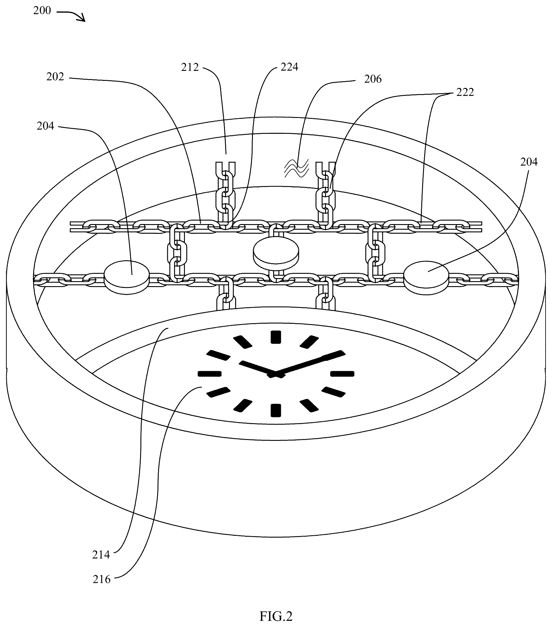 Patent US12611013 Figure 2 – Device comprising decorative objects having restrained freedom to move and suspended in fluid