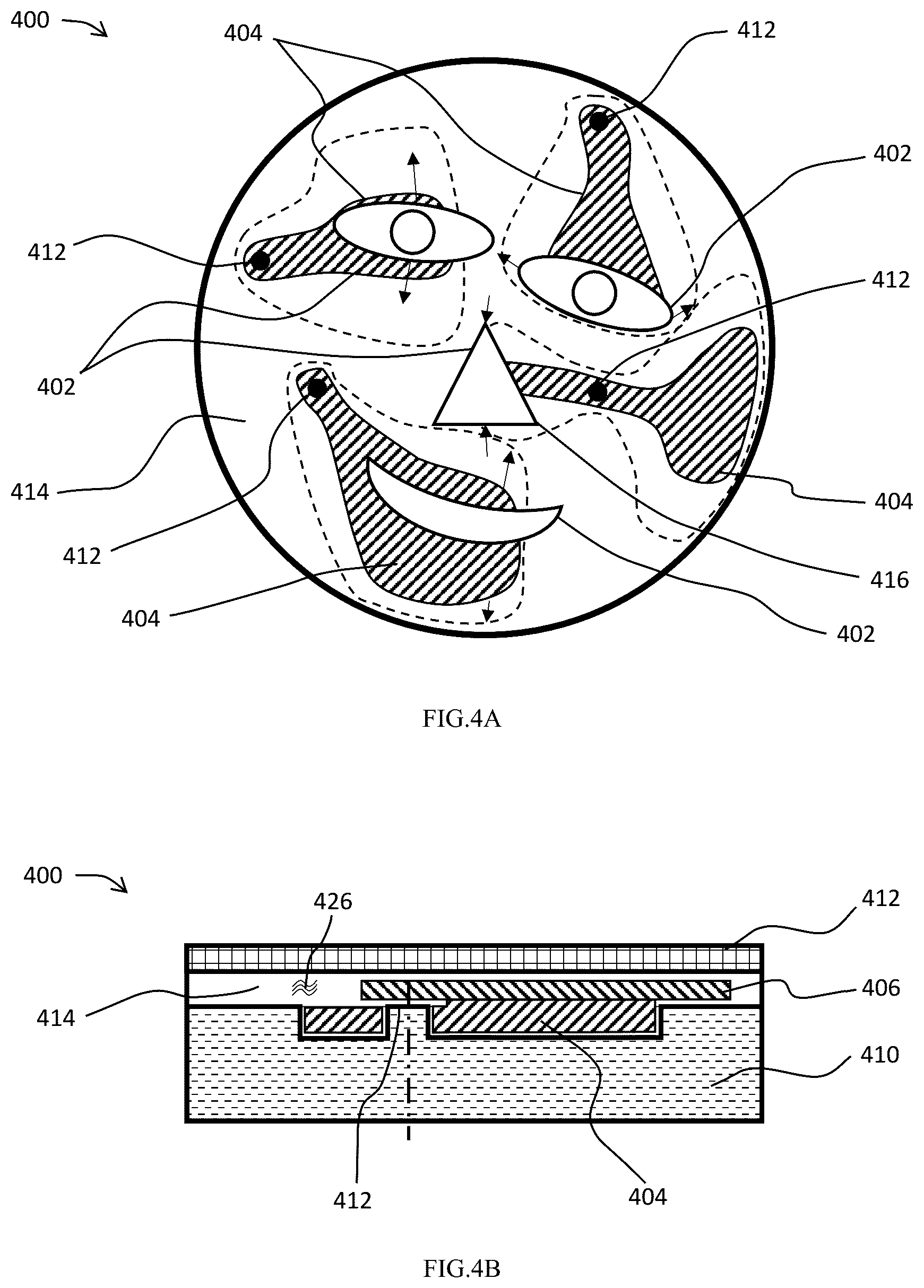 Patent US12611013 Figure 4 – Device comprising decorative objects having restrained freedom to move and suspended in fluid