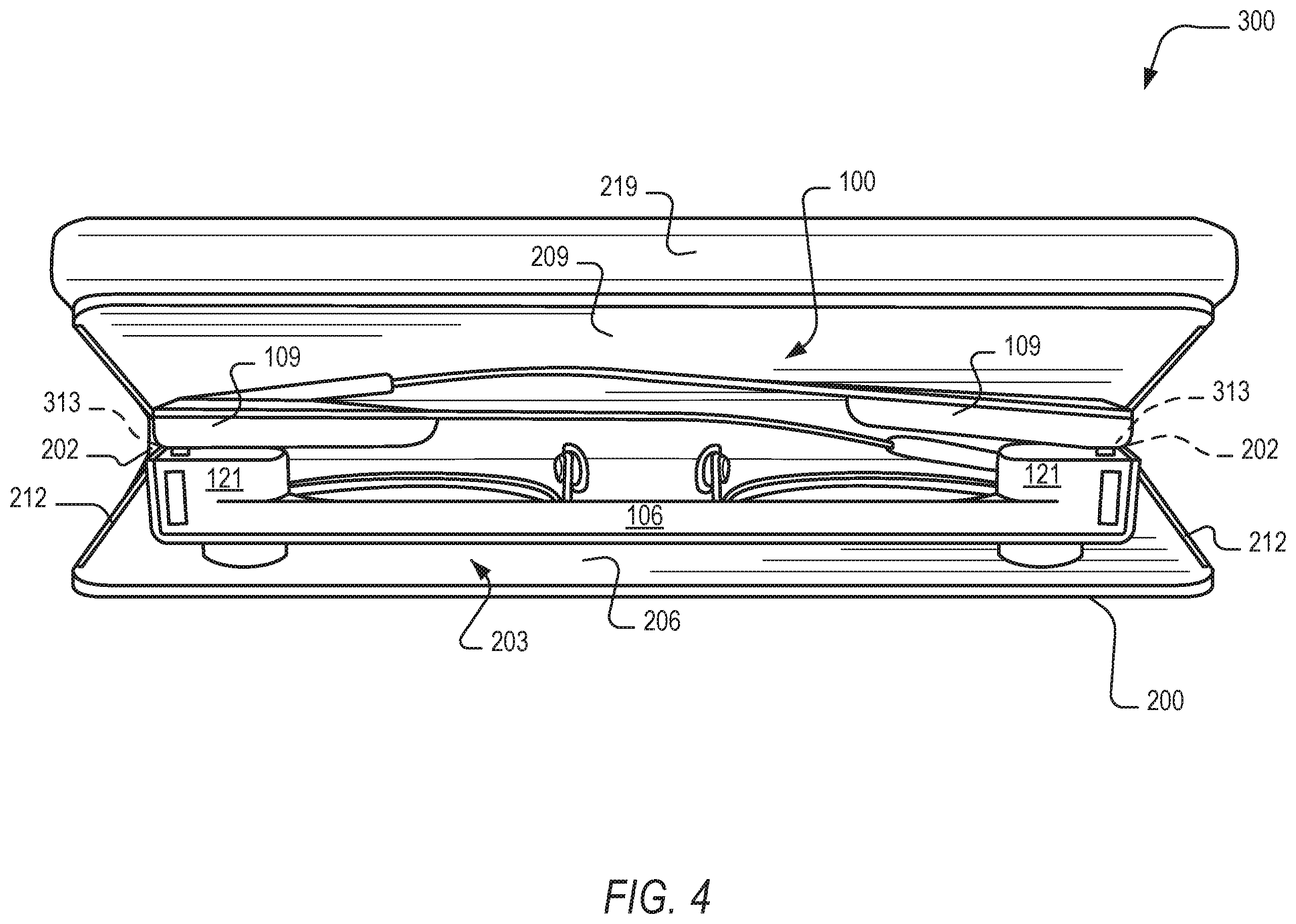 Patent US12611017 Figure 4 – Carry case for rechargeable eyewear devices