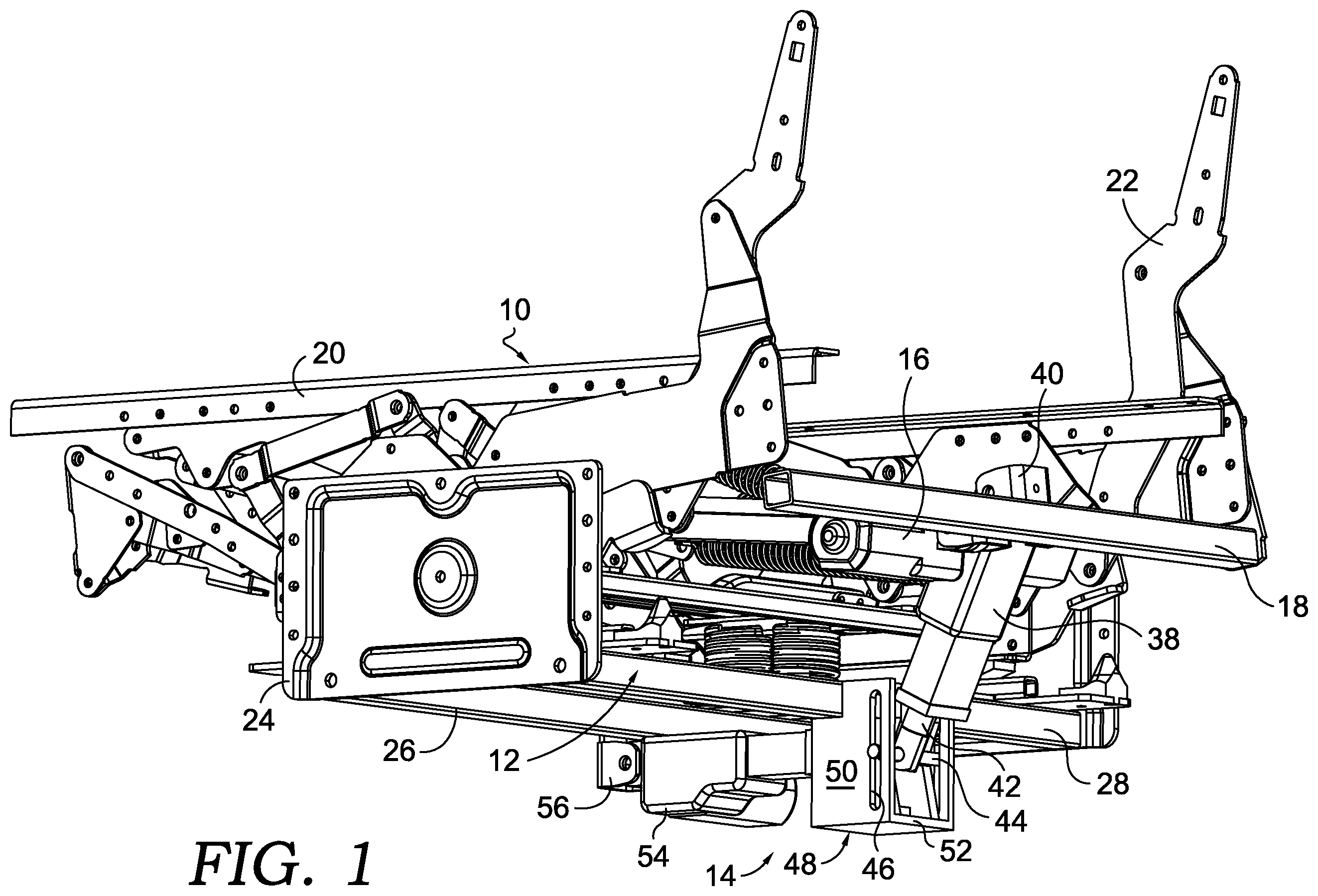 Patent US12611033 Figure 1 – Chair mechanism with selective auto-rocking capability