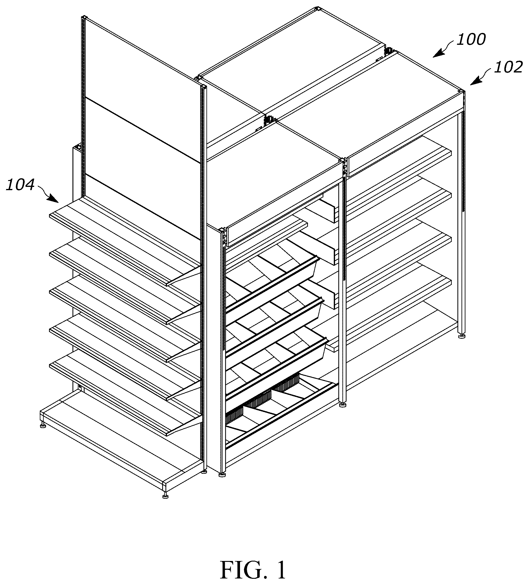 Patent US12611054 Figure 1 – Gondola shelving unit