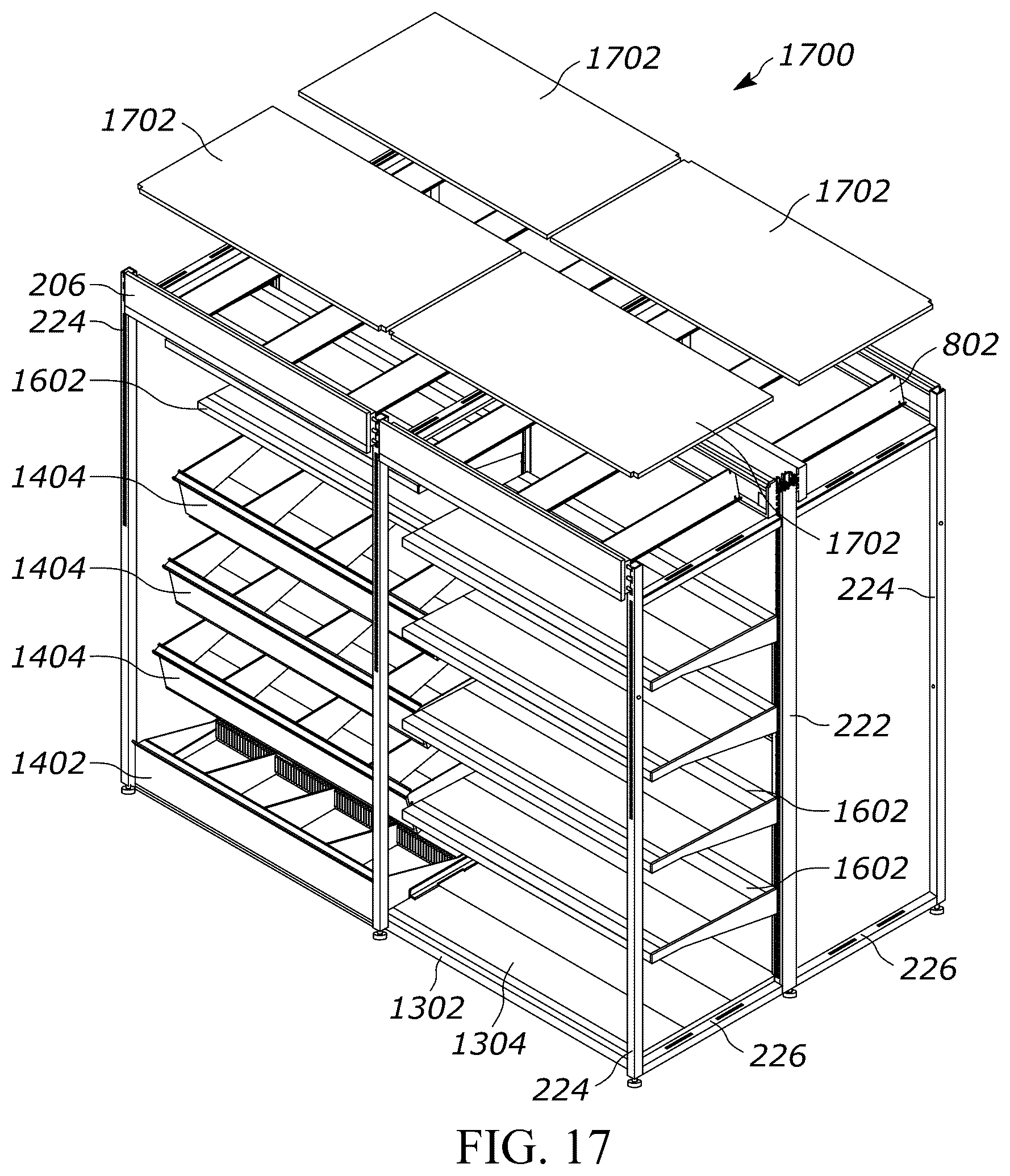 Patent US12611054 Figure 16 – Gondola shelving unit