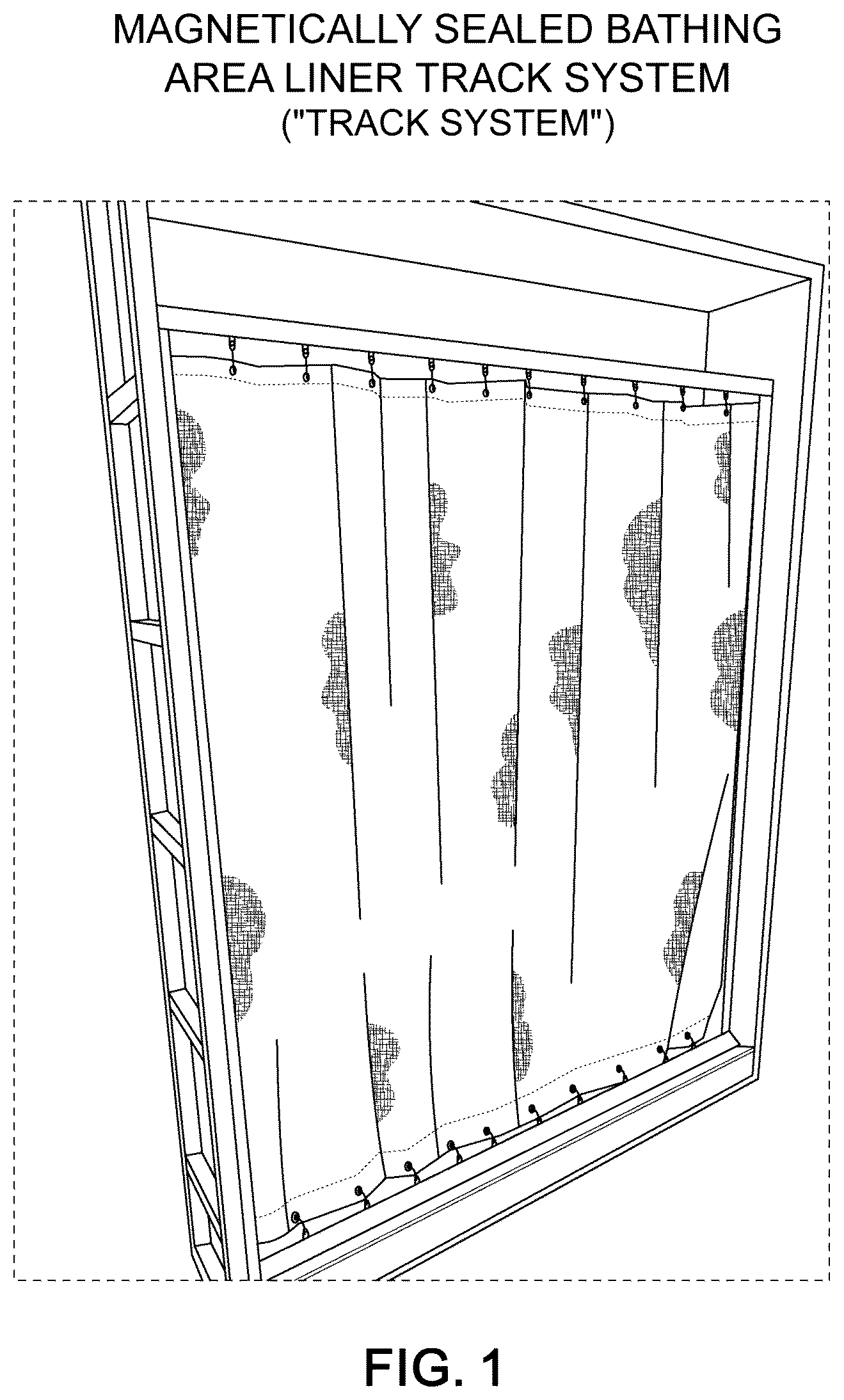 Patent US12611069 Figure 1 – Magnetically sealed bathing area liner track system