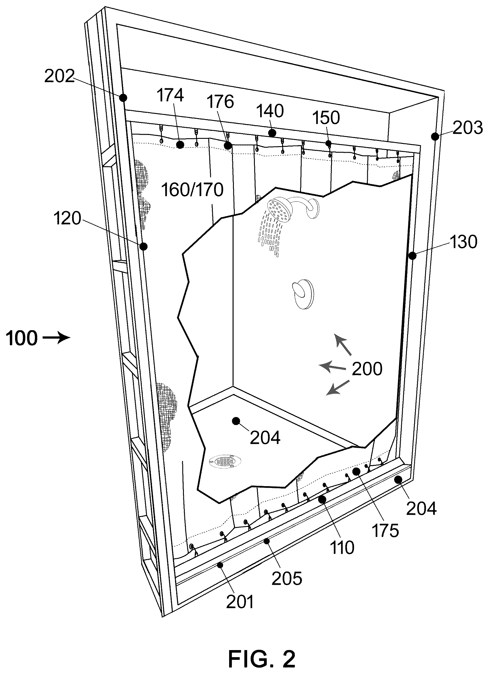 Patent US12611069 Figure 2 – Magnetically sealed bathing area liner track system