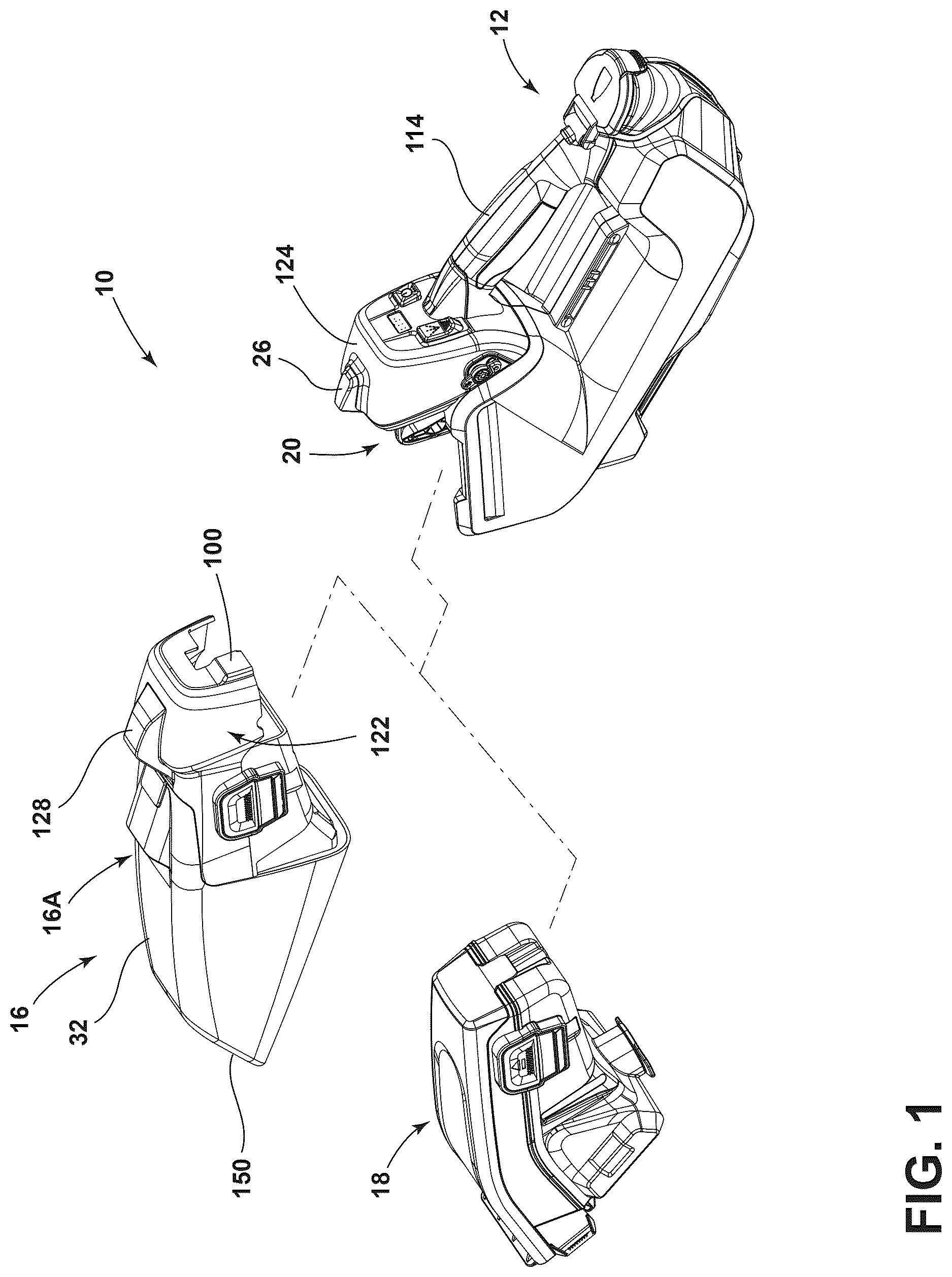 Patent US12611077 Figure 1 – Modular head system for handheld extraction cleaner, dry vacuum accessory for handheld extraction cleaner, and handheld extraction cleaner