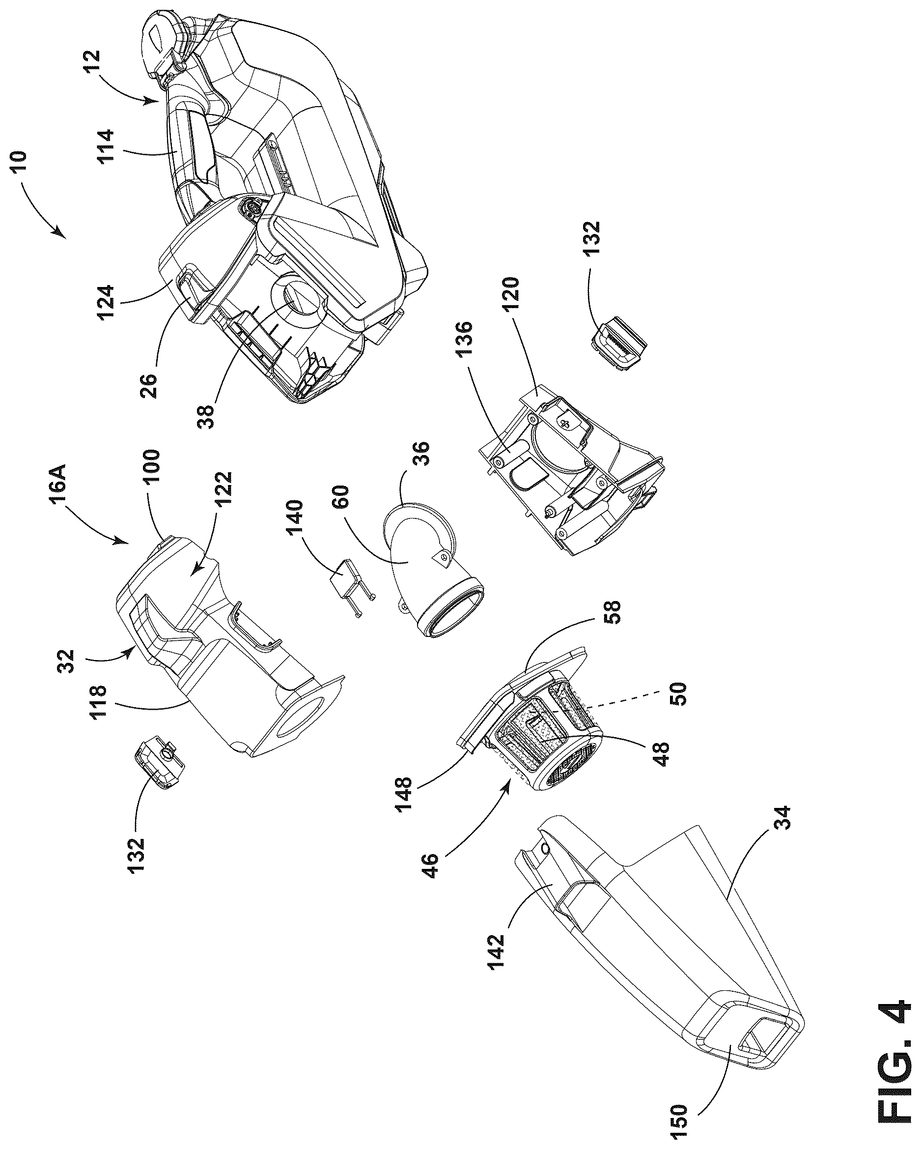 Patent US12611077 Figure 4 – Modular head system for handheld extraction cleaner, dry vacuum accessory for handheld extraction cleaner, and handheld extraction cleaner