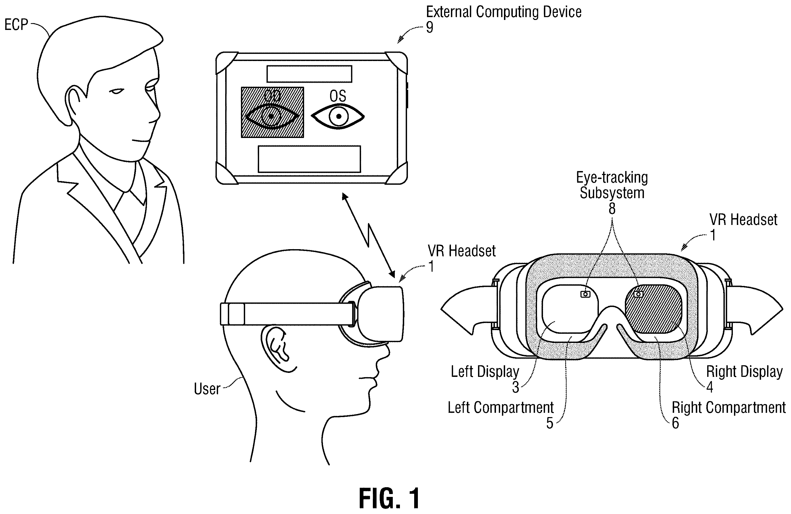 Patent US12611100 Figure 1 – Afferent pupil defect testing in a VR headset