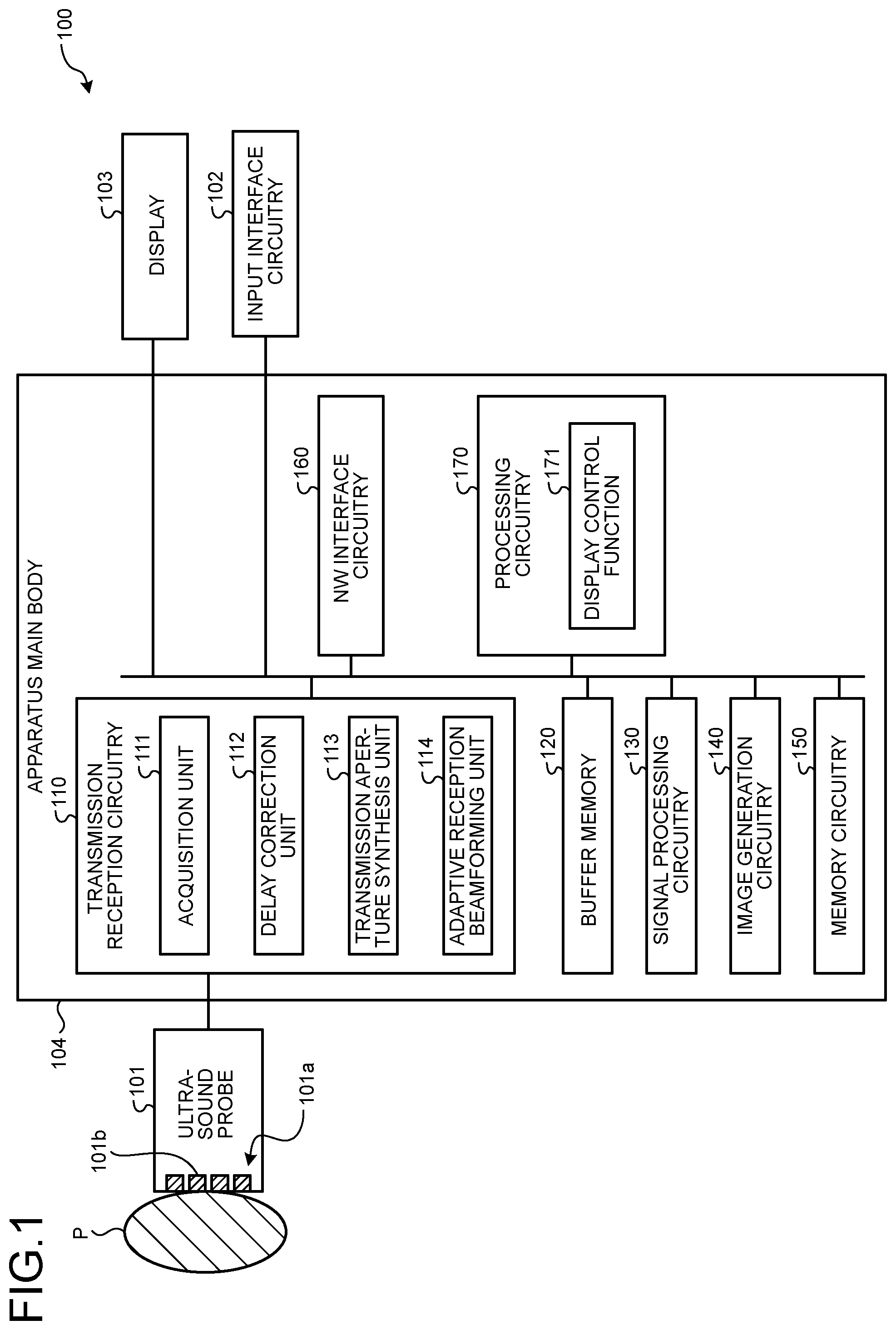 Patent US12611185 Figure 1 – Ultrasound reception apparatus applying adaptive reception beamforming to synthesis processing and ultrasound reception method applying adaptive reception beamforming to synthesis processing
