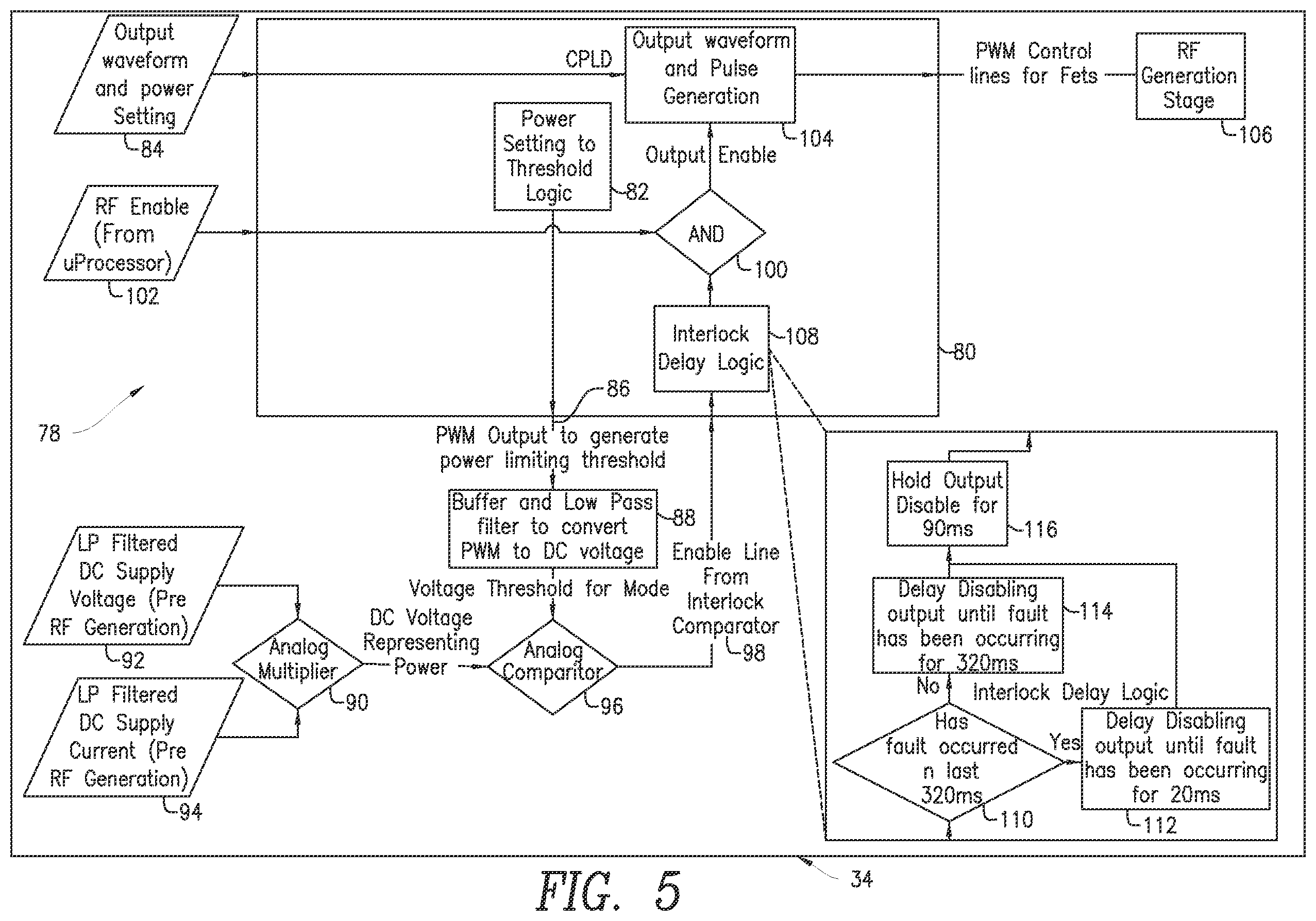 Patent US12611243 Figure 5 – Power monitoring circuitry and method for reducing leakage current in RF generators