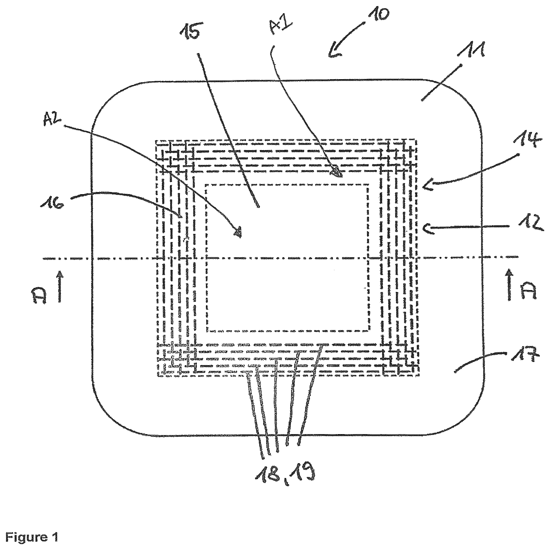 Patent US12611335 Figure 1 – Superabsorbent wound dressing with silicone wound contact layer