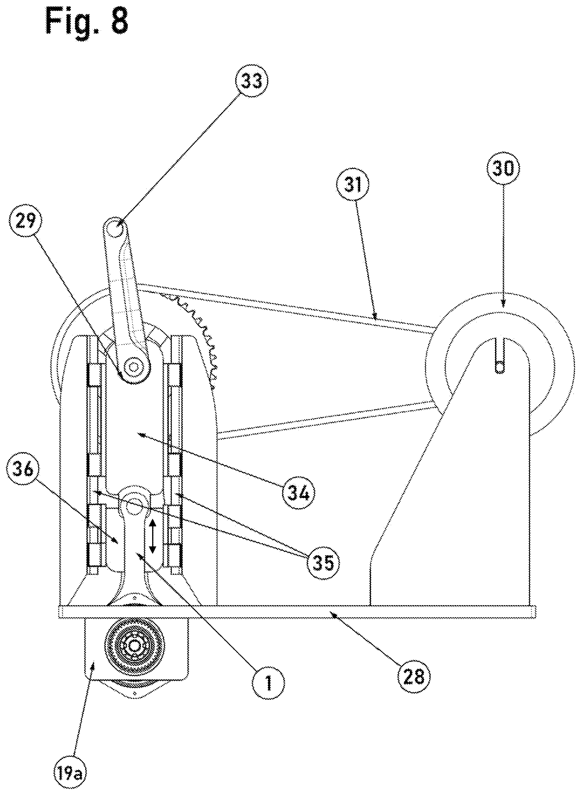 Patent US12611569 Figure 8 – Bearing for an ergometer having a vibration unit, and use thereof in a vibratory ergometer for the upper and lower extremities
