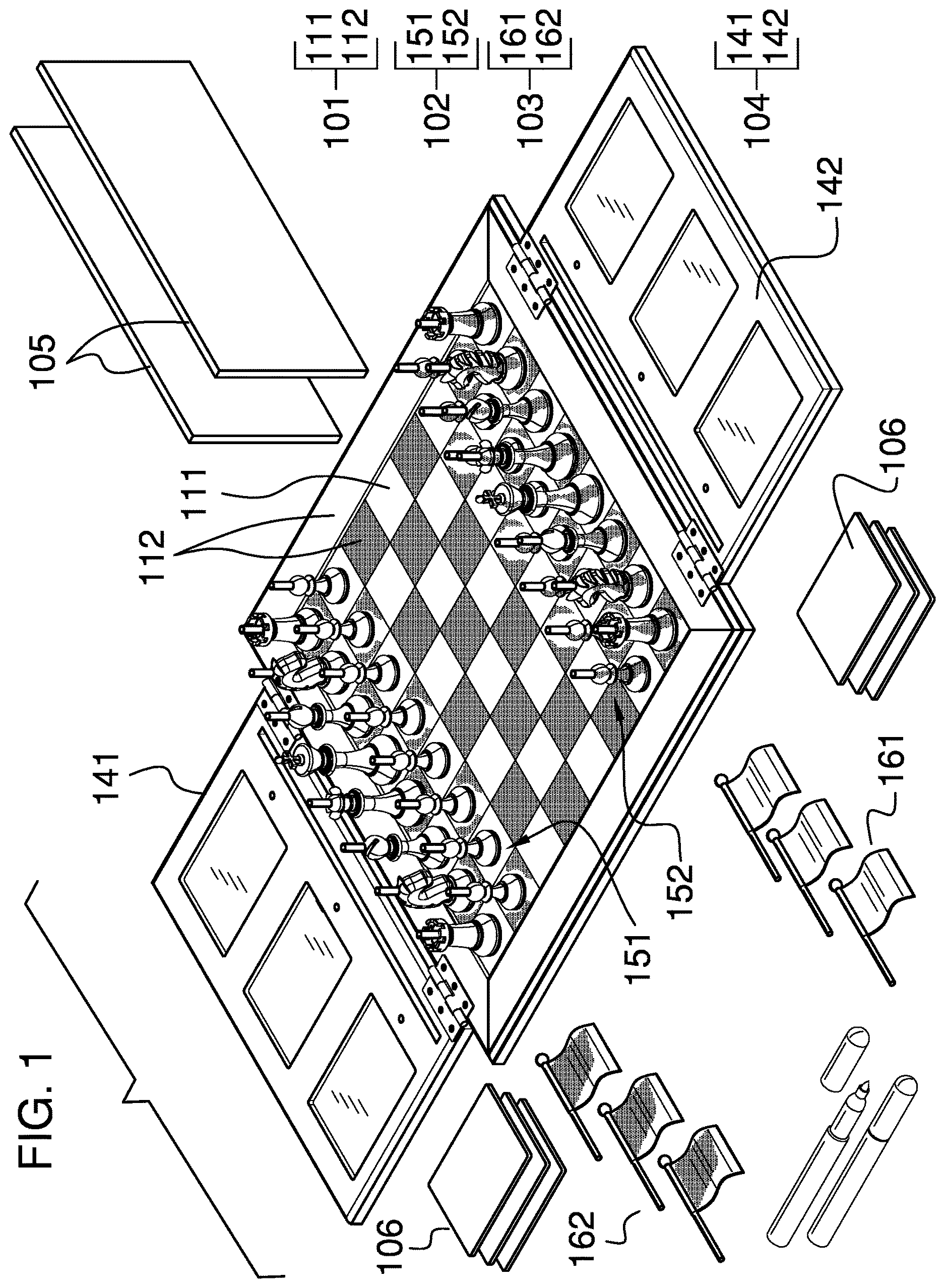 Patent US12611590 Figure 1 – Modified chess game