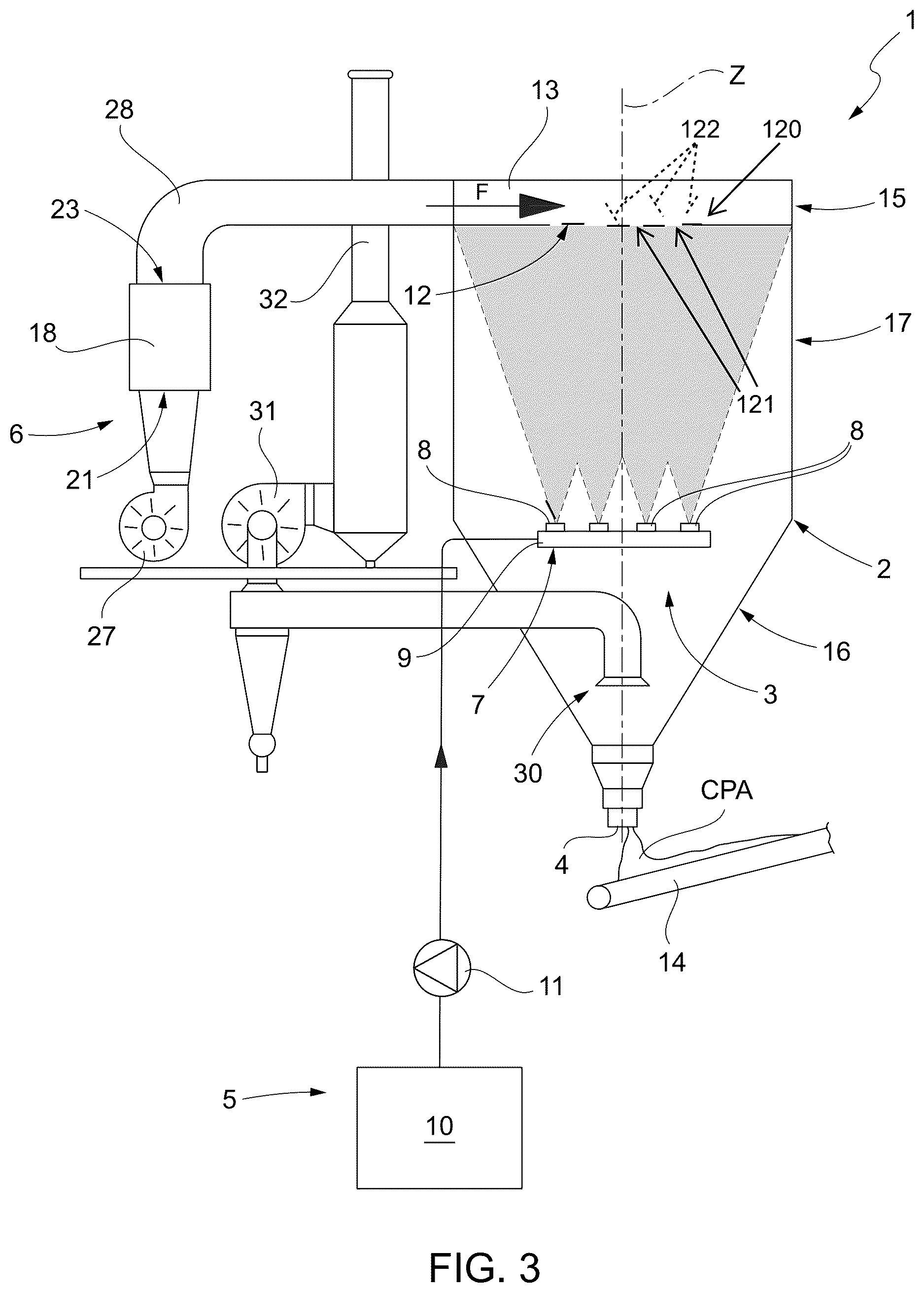 Patent US12611612 Figure 3 – Spray-drier for the production of atomized ceramic powder from a water suspension of ceramic material
