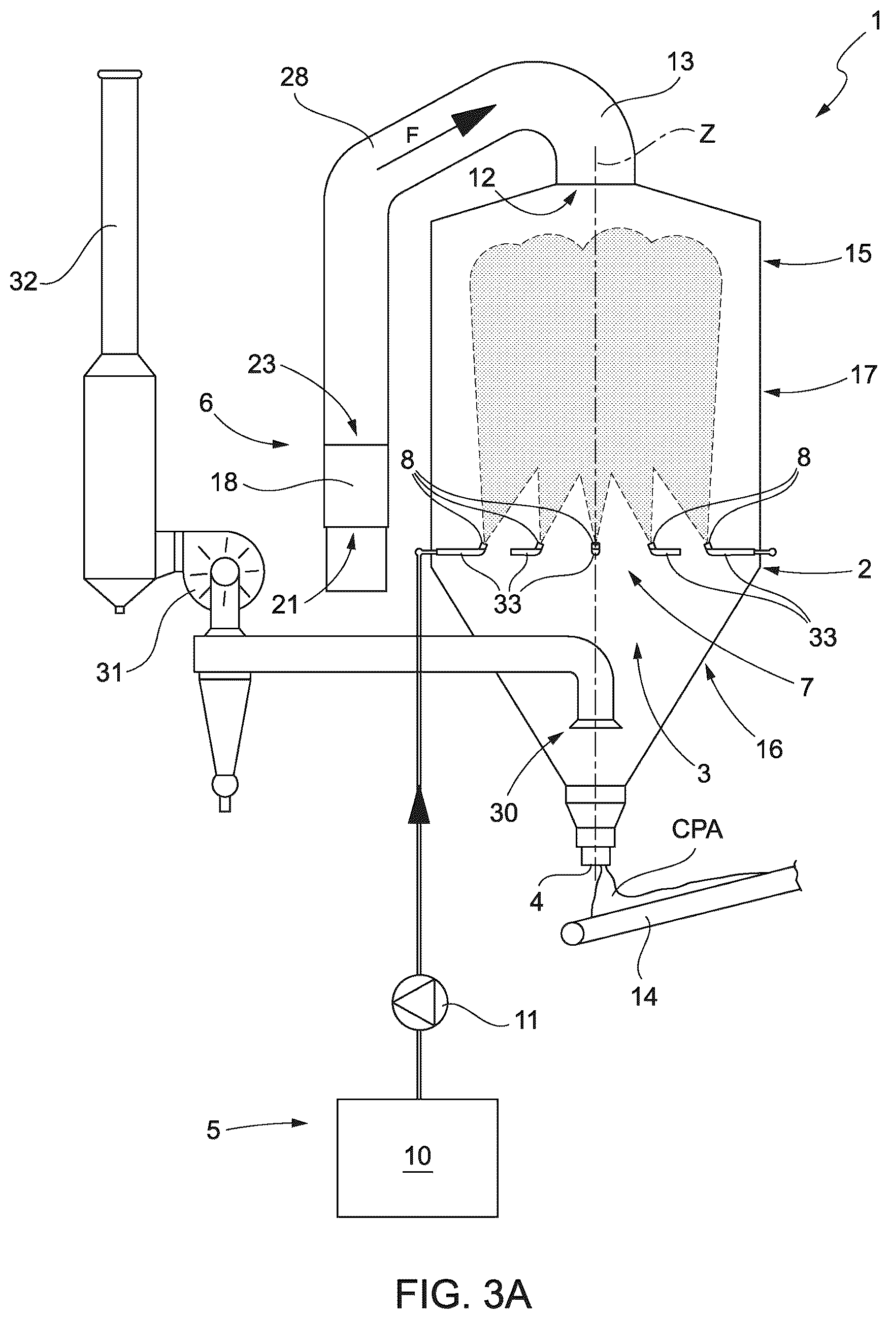 Patent US12611612 Figure 4 – Spray-drier for the production of atomized ceramic powder from a water suspension of ceramic material