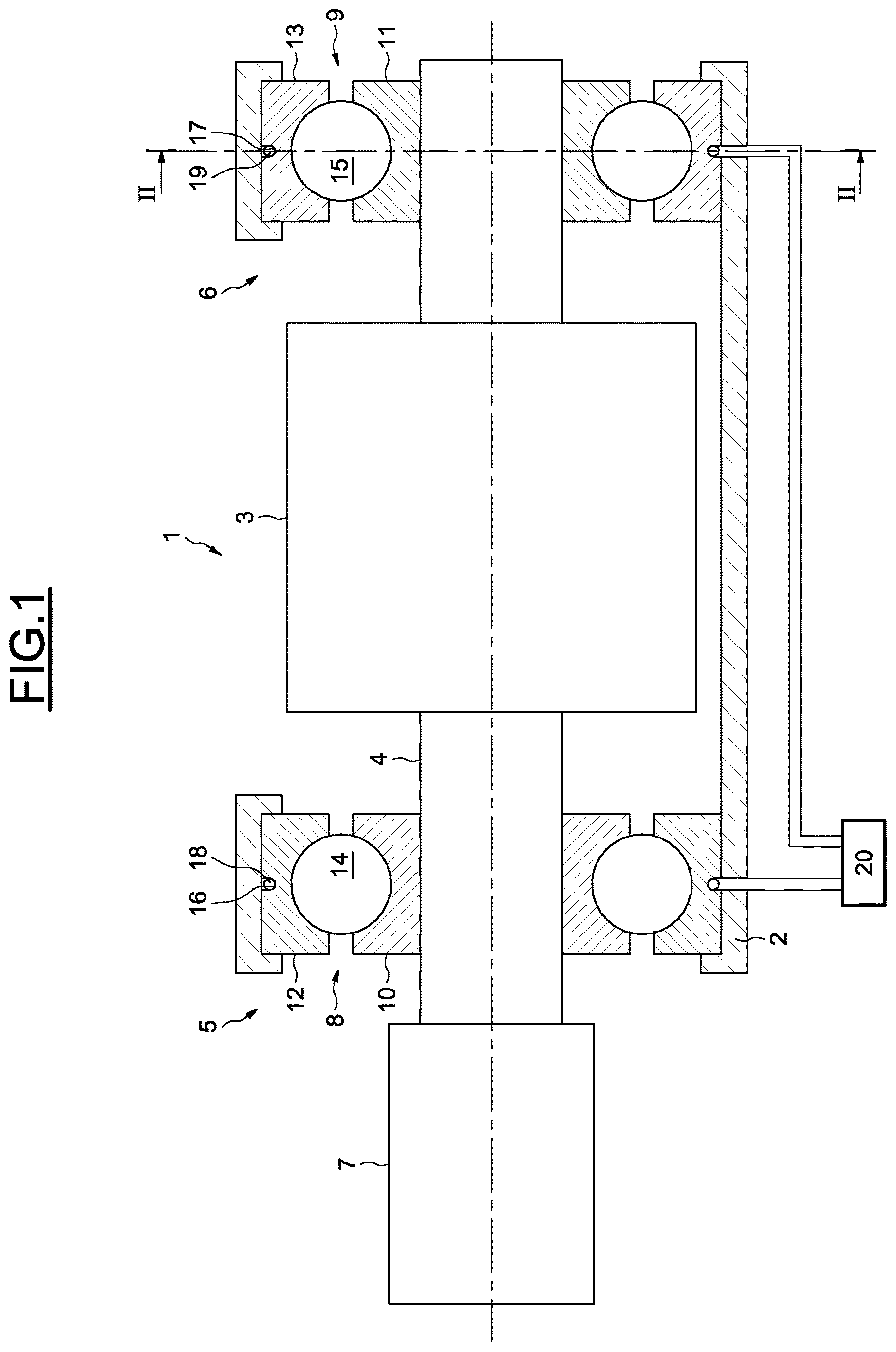 Patent US12611677 Figure 1 – Bearing arrangement of a horizontal grinding mill and method for determining the fill rate of the mill