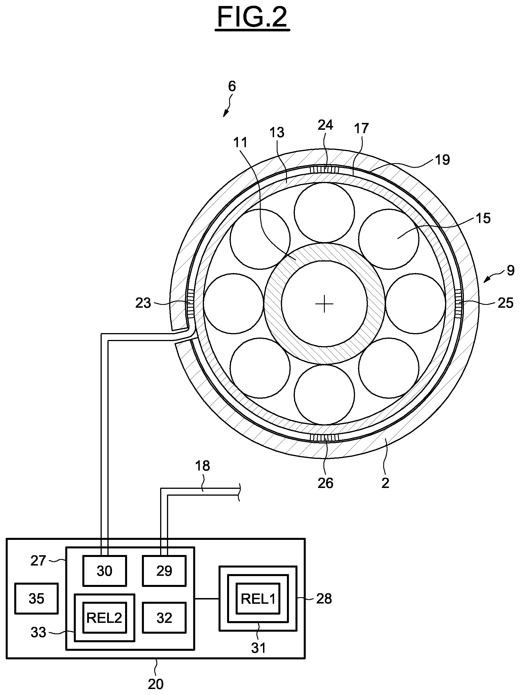 Patent US12611677 Figure 2 – Bearing arrangement of a horizontal grinding mill and method for determining the fill rate of the mill