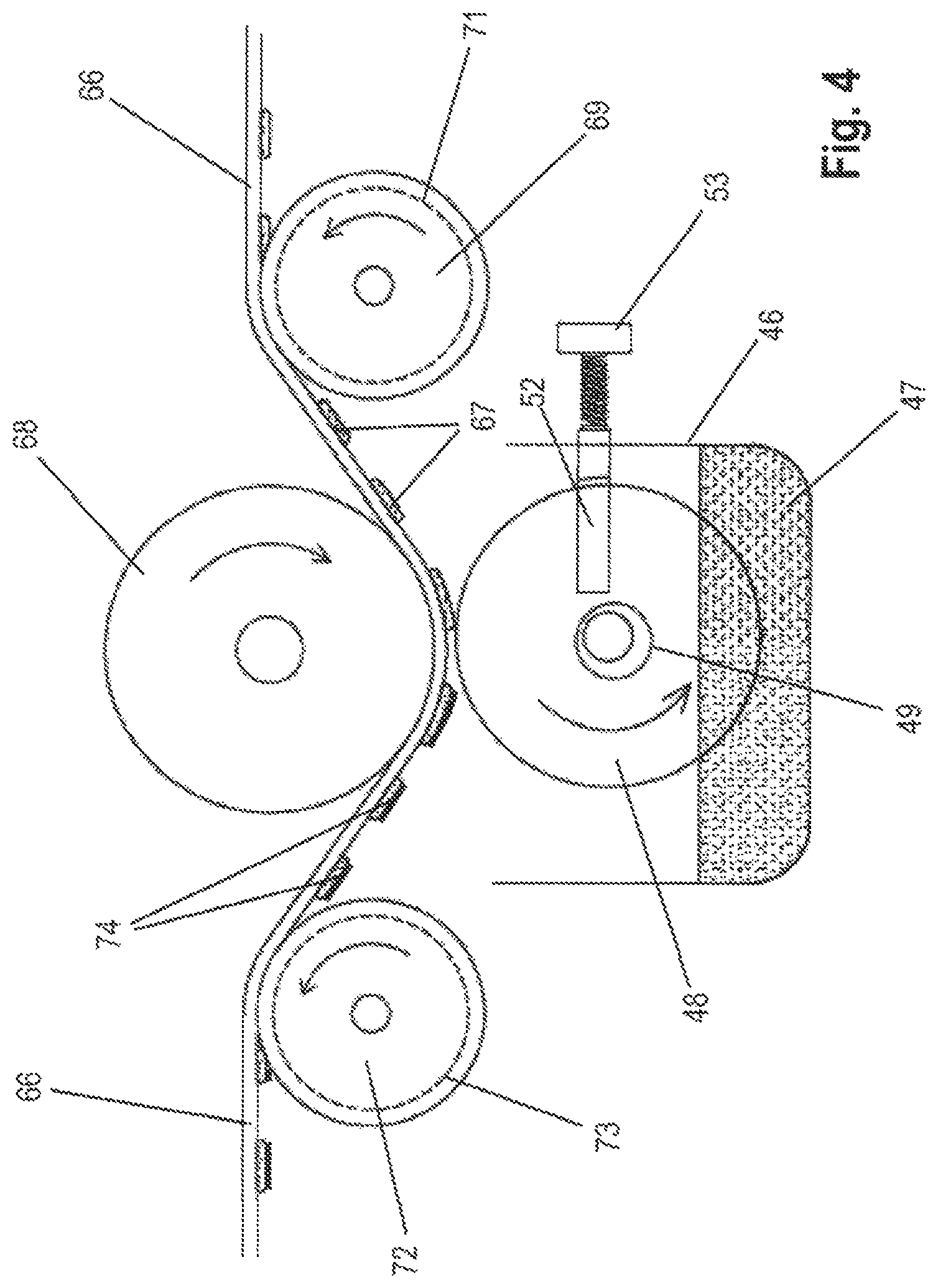 Patent US12611692 Figure 4 – Systems and methods for applying dots of different adhesives to moving roofing shingle stock